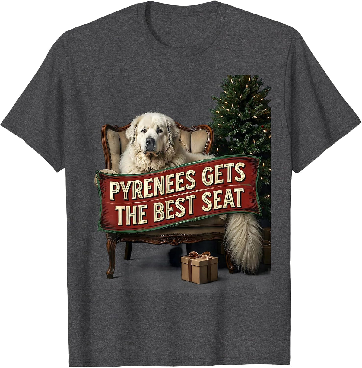 Men's Pyrenees Gets The Best Seat Funny Christmas Dog Breed Lover T-Shirt - Dark Heather Grey