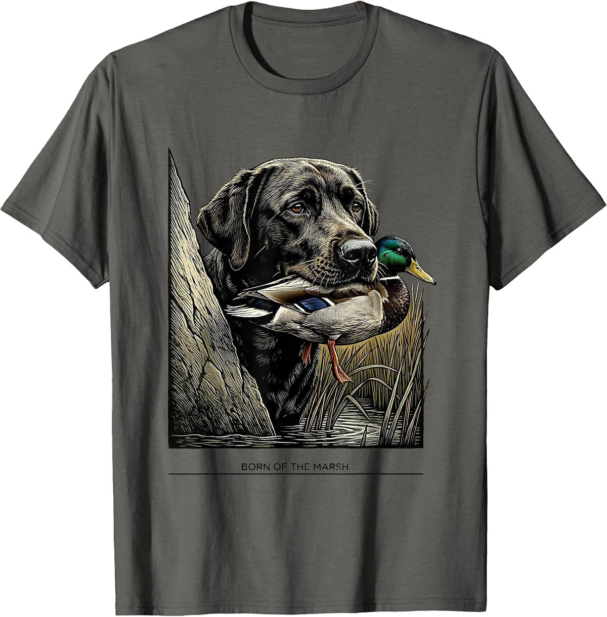 Born Of The Marsh Woodcut Hunting Dog Labrador Duck Youth T-Shirt - Asphalt Grey