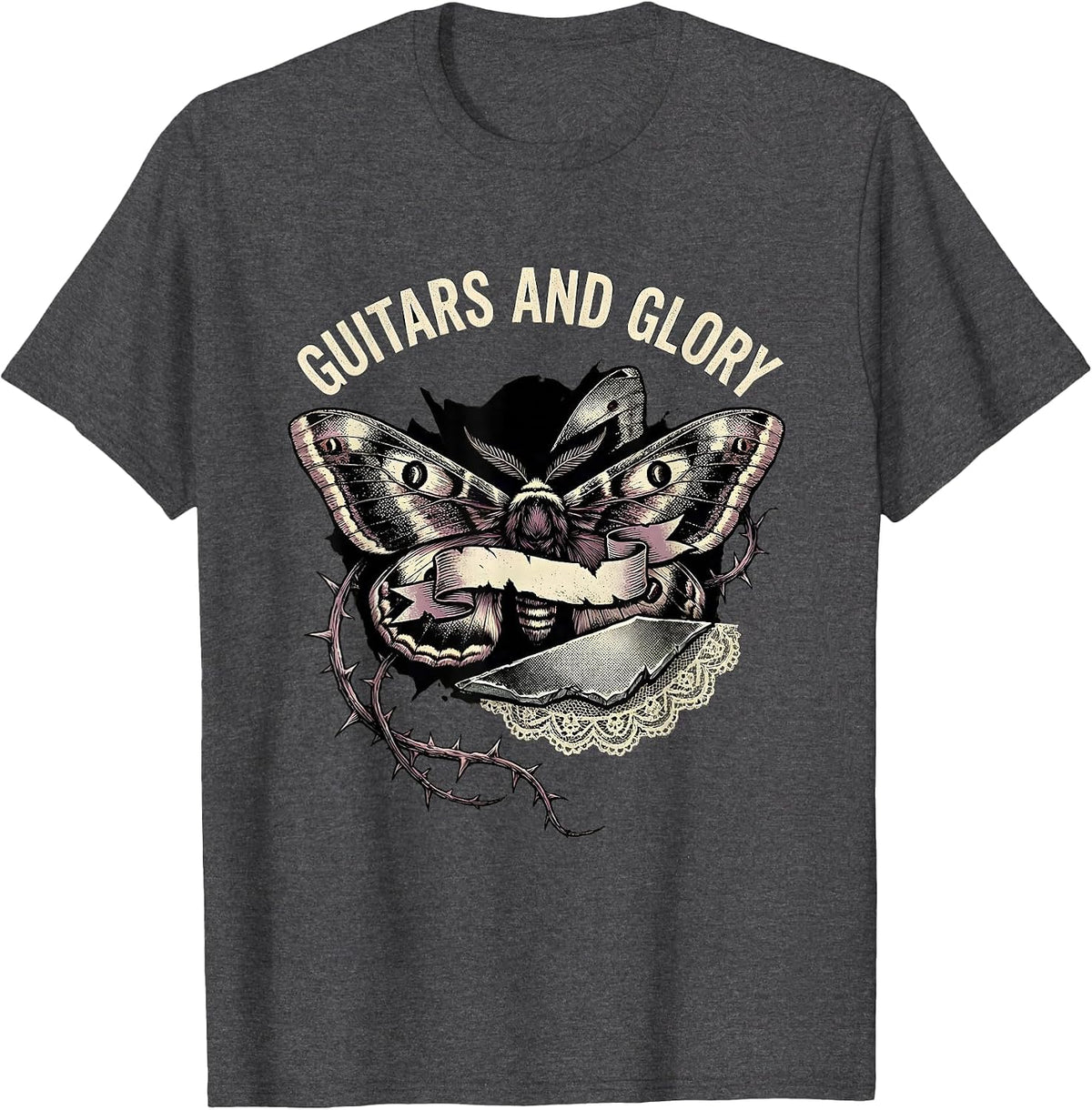 Men's Guitars and Glory 80s Rock Band Design T-Shirt - Dark Heather Grey