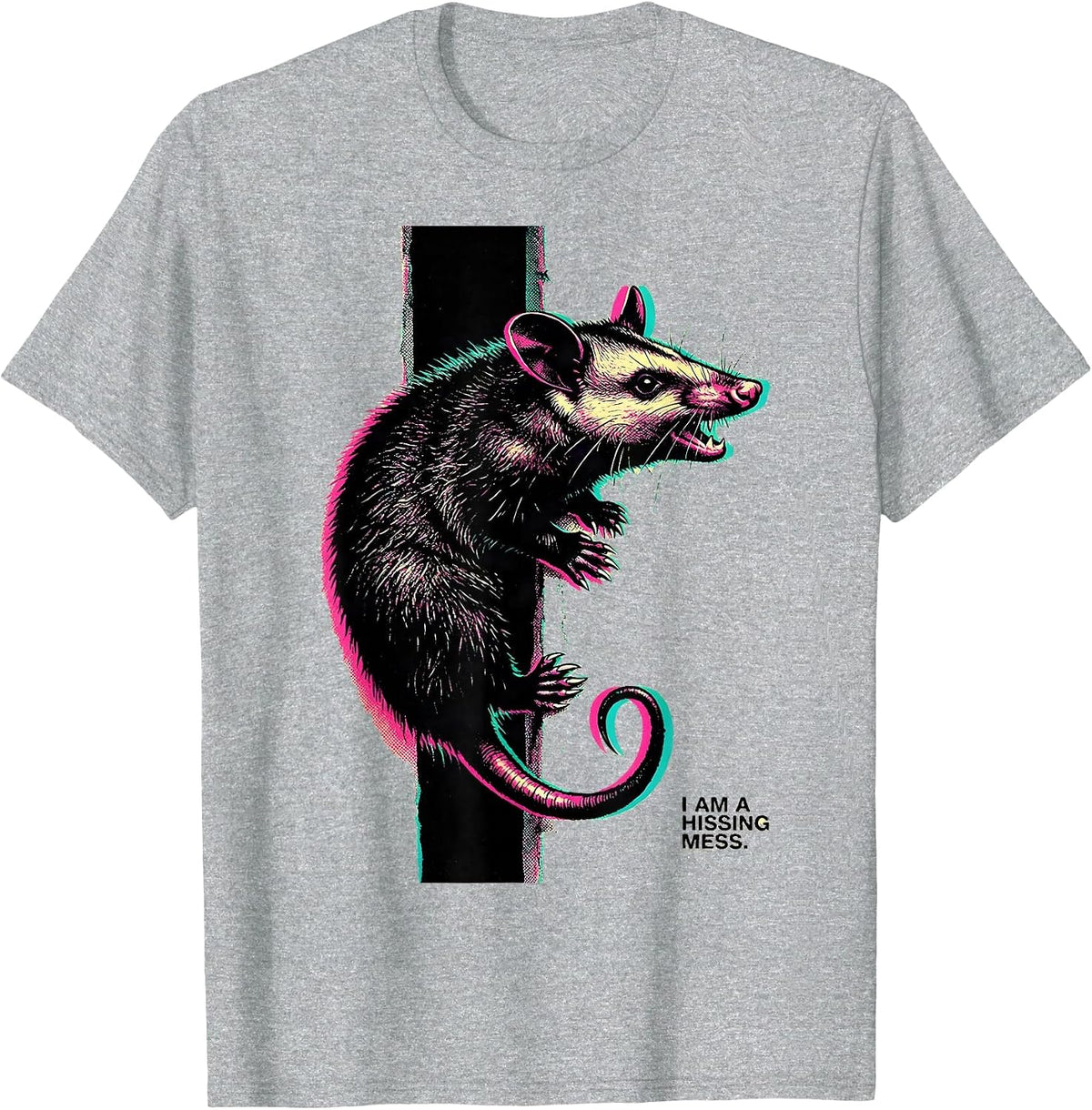 Men's I Am A Hissing Mess Risograph Opossum Meme Absurdist Humor T-Shirt - Heather Grey