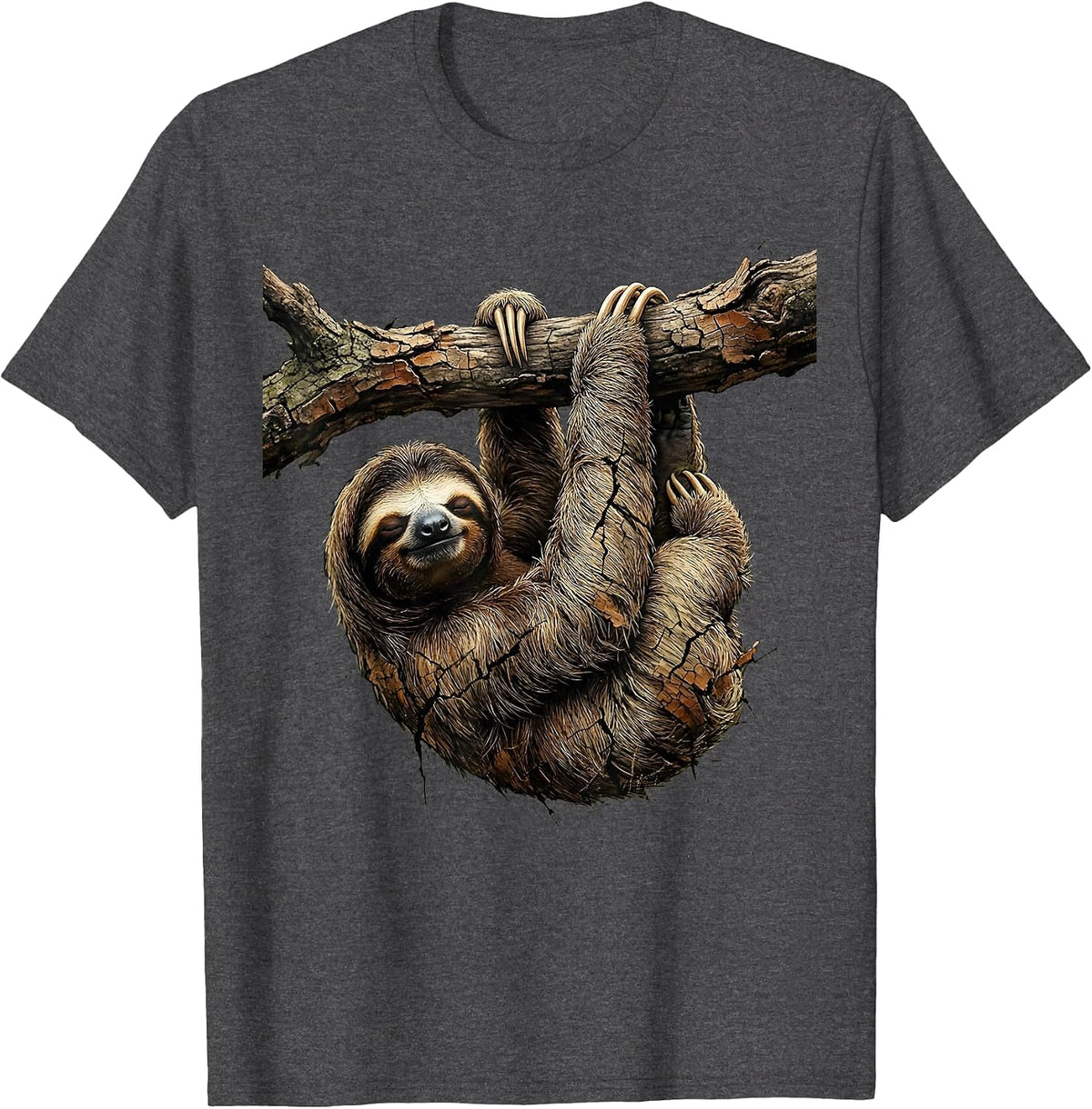 Sleepy Sloth Hanging From Branch Illustration T-Shirt - Dark Heather Grey