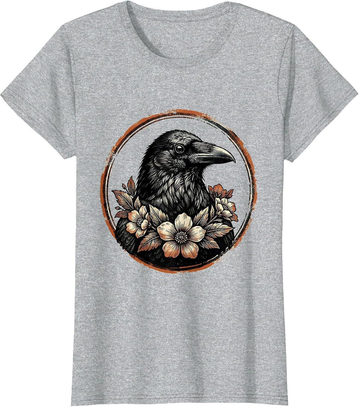 Crow with Floral Wreath Illustration Design T-Shirt - Heather Grey