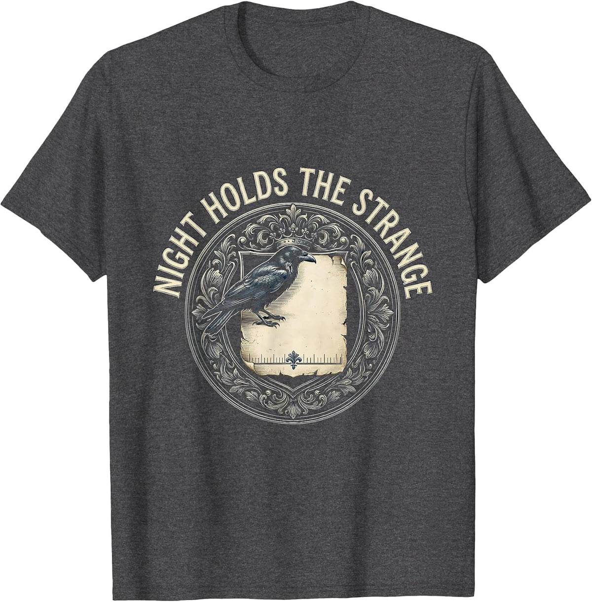 Men's Night Holds The Strange Gothic Literary Raven Edgar Allan T-Shirt - Dark Heather Grey
