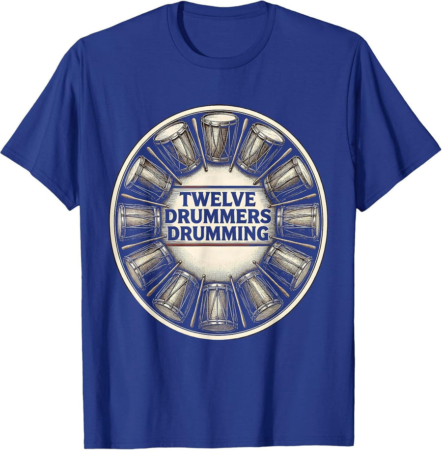 Twelve Drummers Drumming Crosshatch Etching Christmas Carol T-Shirt - Royal Blue