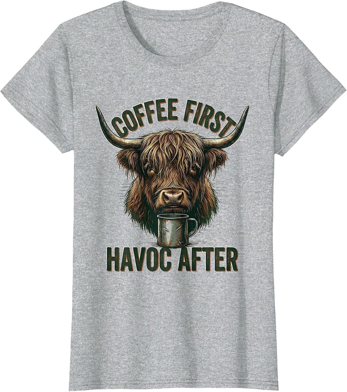 Coffee First Havoc After Vintage Highland Cow Coffee Lover T-Shirt - Heather Grey