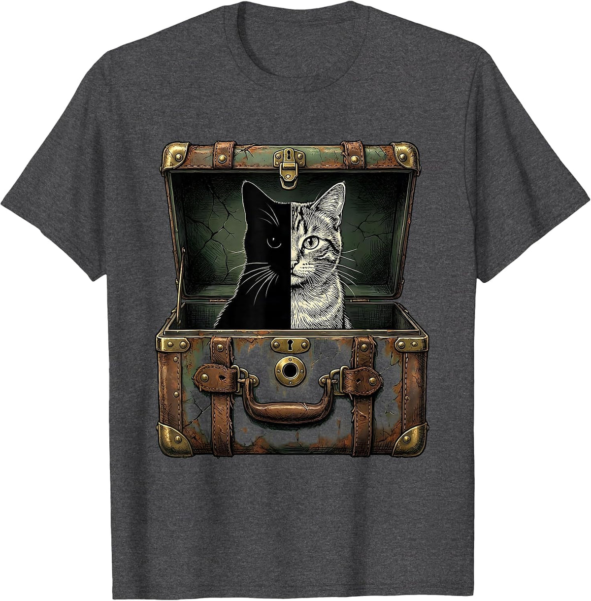 Worn Steamer Trunk Quantum Physics Cat Humor T-Shirt - Dark Heather Grey