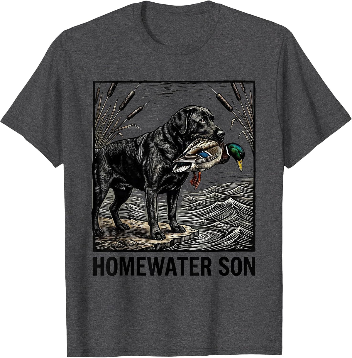 Men's Homewater Son Woodcut Engraving Black Labrador Duck Hunting T-Shirt - Dark Heather Grey