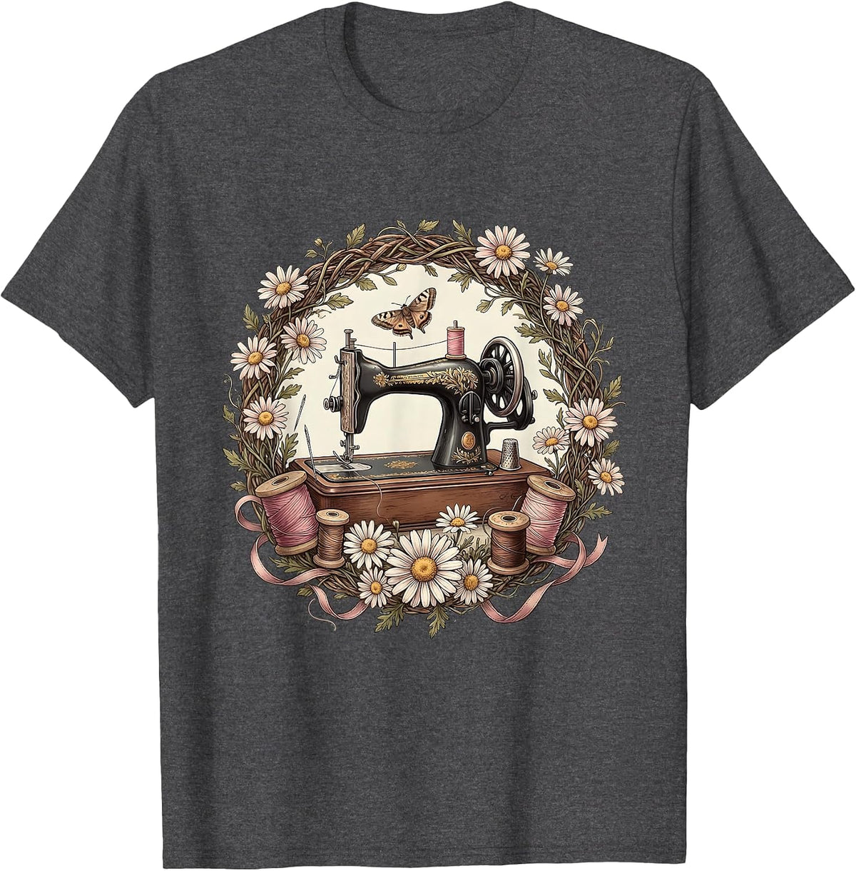 Vintage Sewing Machine Grandma Graphic Tee T-Shirt - Dark Heather Grey