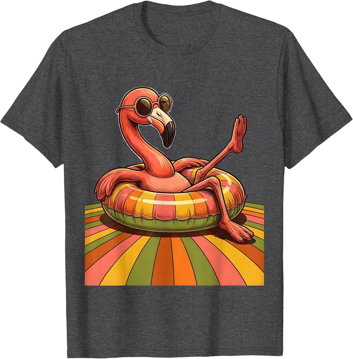 Flamingo in Sunglasses Lounging in Pool Design T-Shirt - Dark Heather Grey