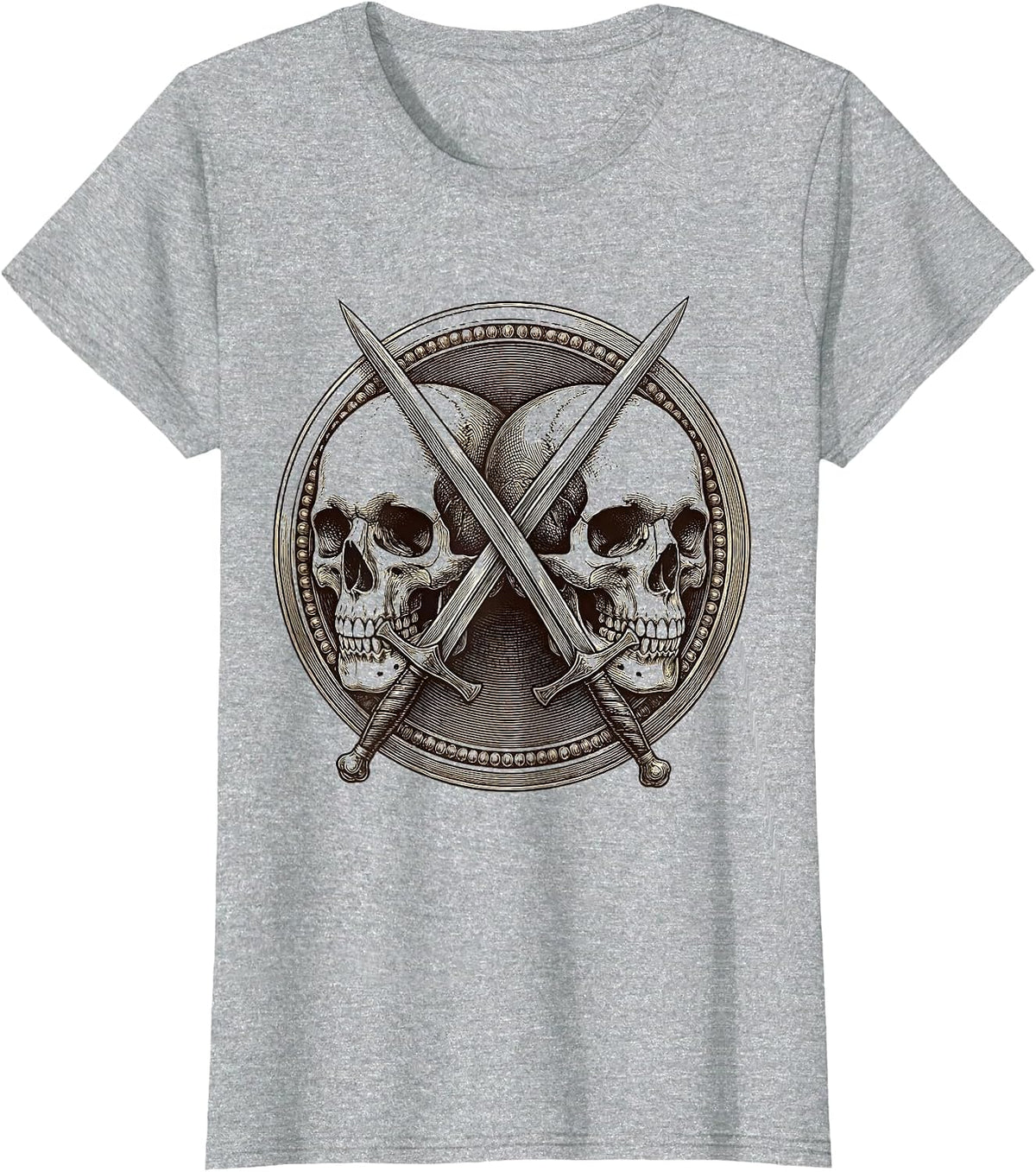 Twin Skulls Crossed Swords Dark Gothic Design T-Shirt - Heather Grey