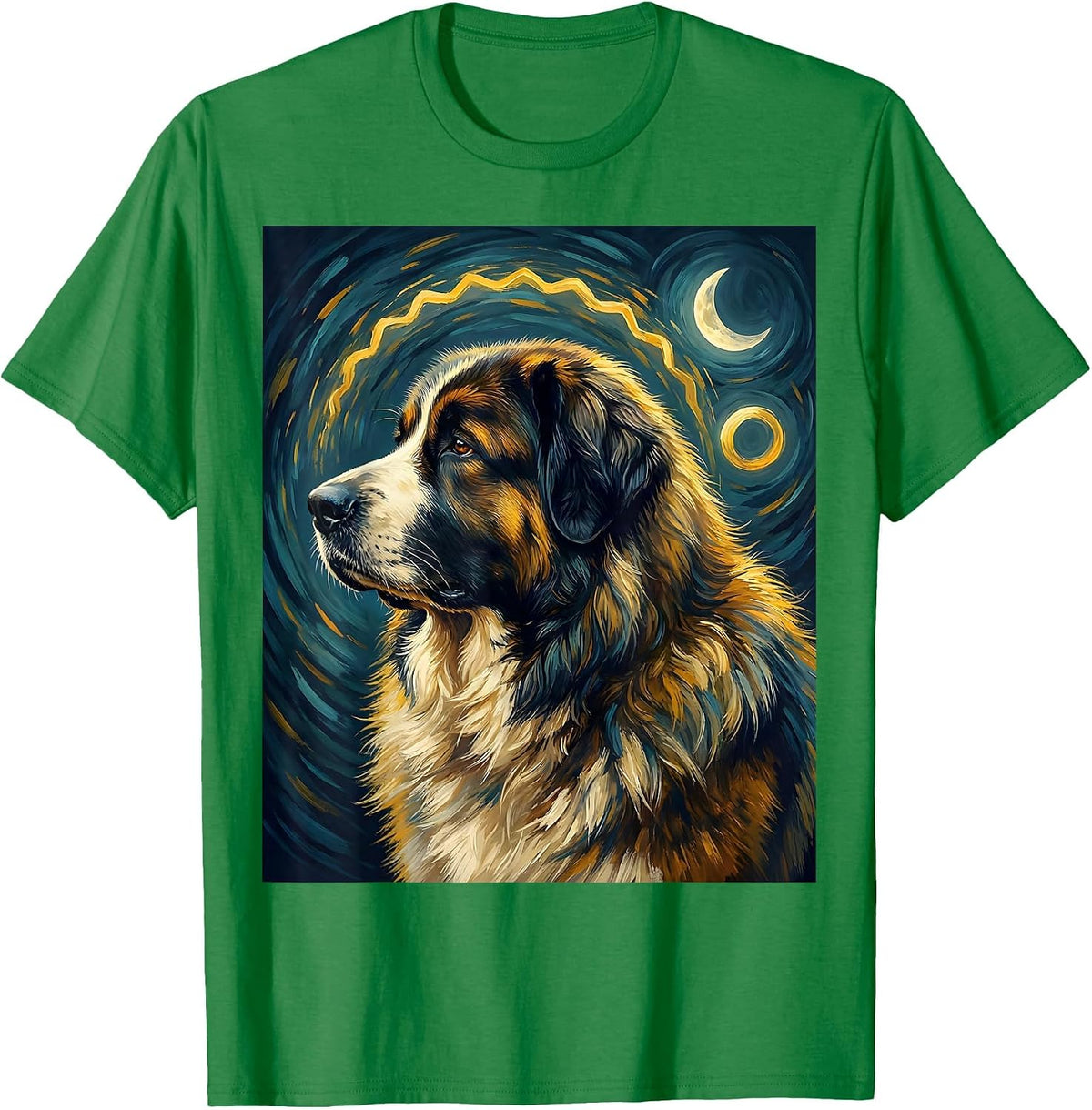 Men's Great Pyrenees Van Gogh Starry Night Dog Breed Portrait T-Shirt - Kelly Green