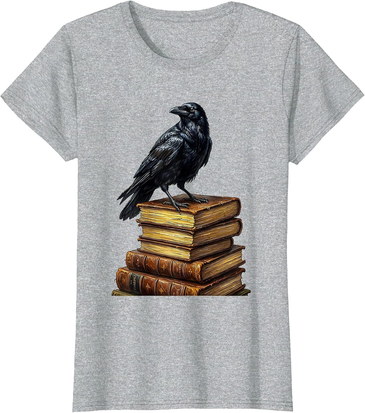 Crow on Stack of Old Books Illustration T-Shirt - Heather Grey
