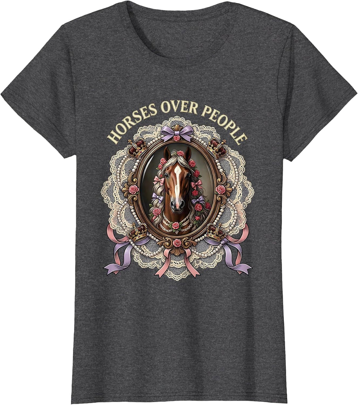 Women's Horses Over People Equestrian Lover Design T-Shirt - Dark Heather Grey