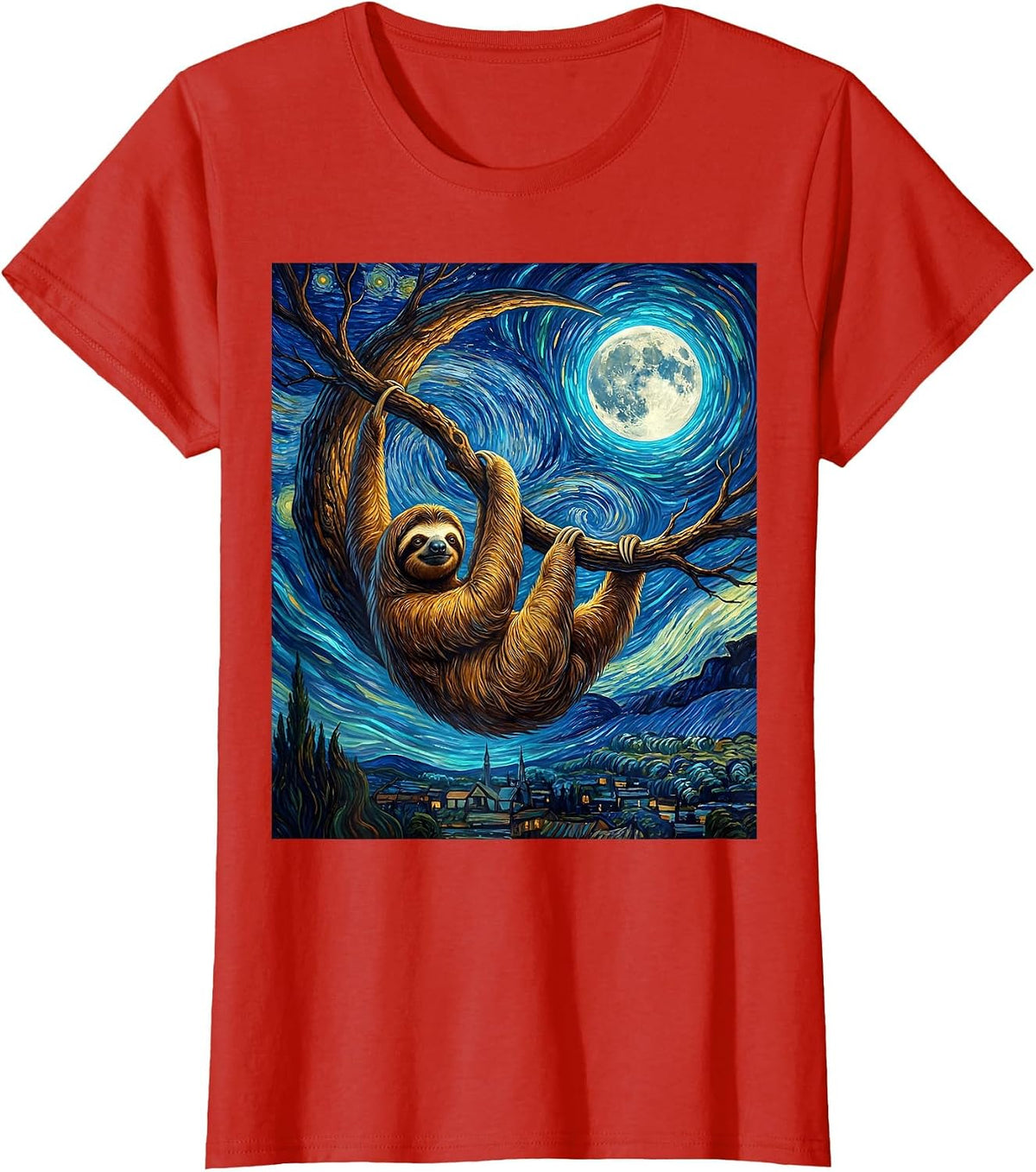 Sloth Starry Night Van Gogh Animal Lover Art Homage T-Shirt - Red