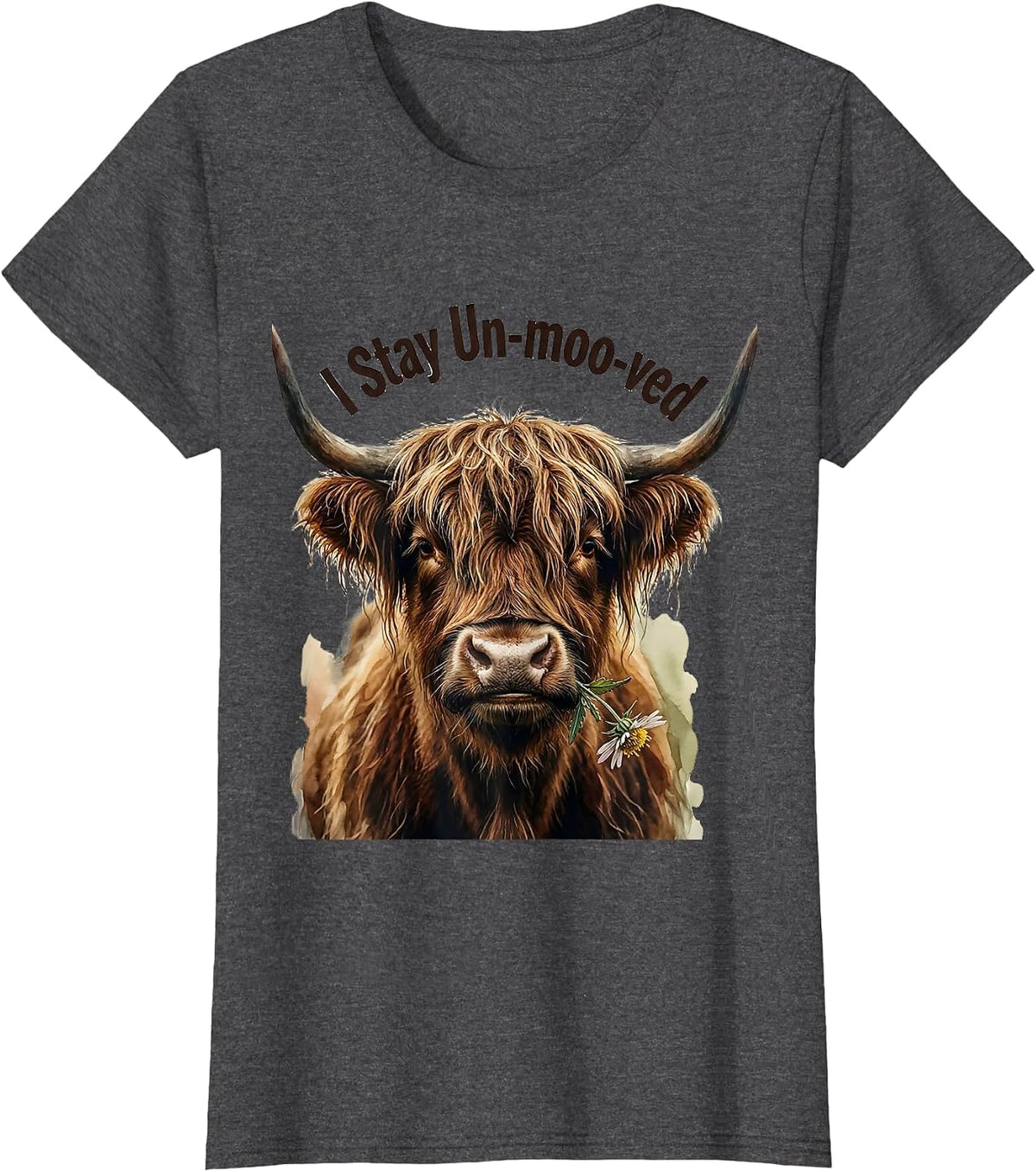 Women's I Stay Un-moo-ved Funny Highland Cow Farm Humor T-Shirt - Dark Heather Grey