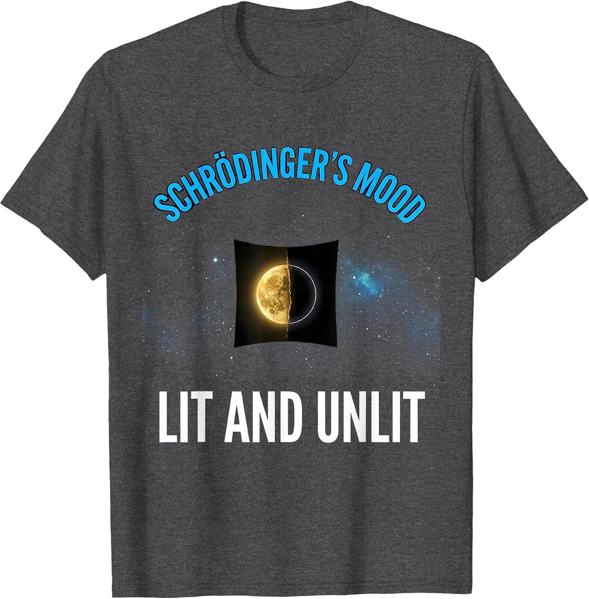 Men's Schrödinger's Mood Lit And Unlit Cosmic Quantum Physics T-Shirt - Dark Heather Grey