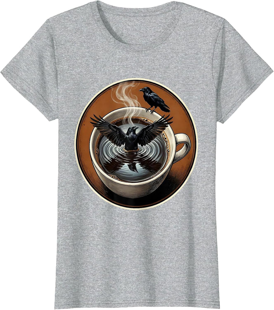 Cawf Crow Coffee Reflection Graphic T-Shirt - Heather Grey