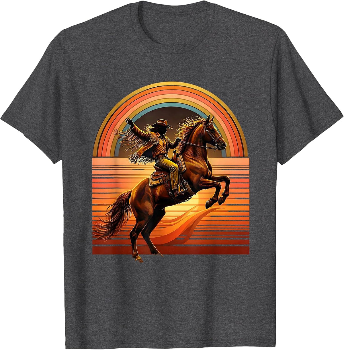 Cowgirl Leaping Off Horse at Sunset Graphic T-Shirt - Dark Heather Grey