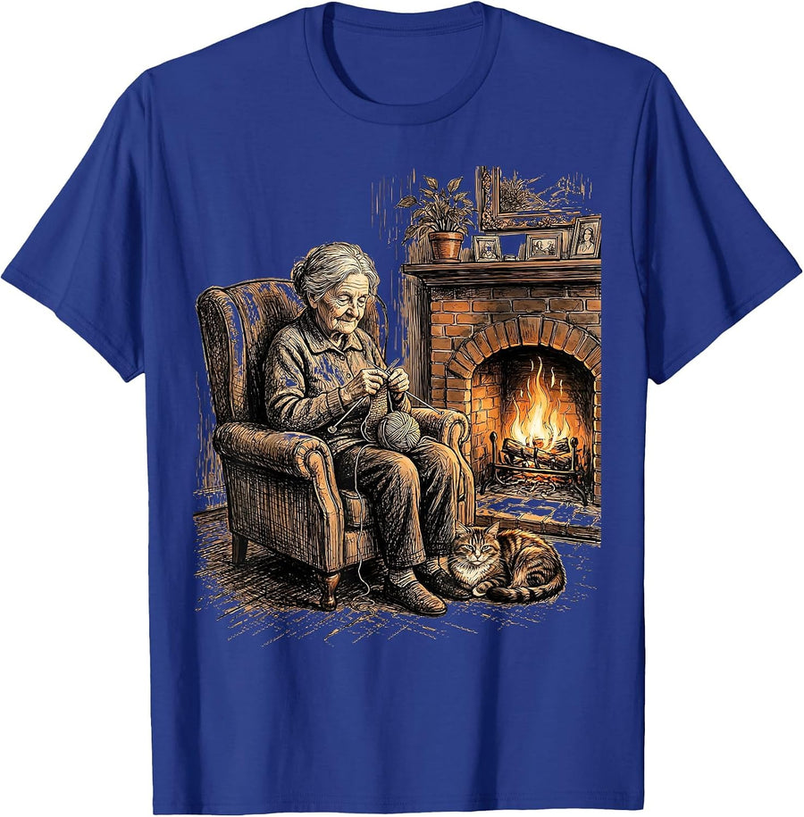 Grandma Knitting by the Fireplace Illustration T-Shirt - Royal Blue