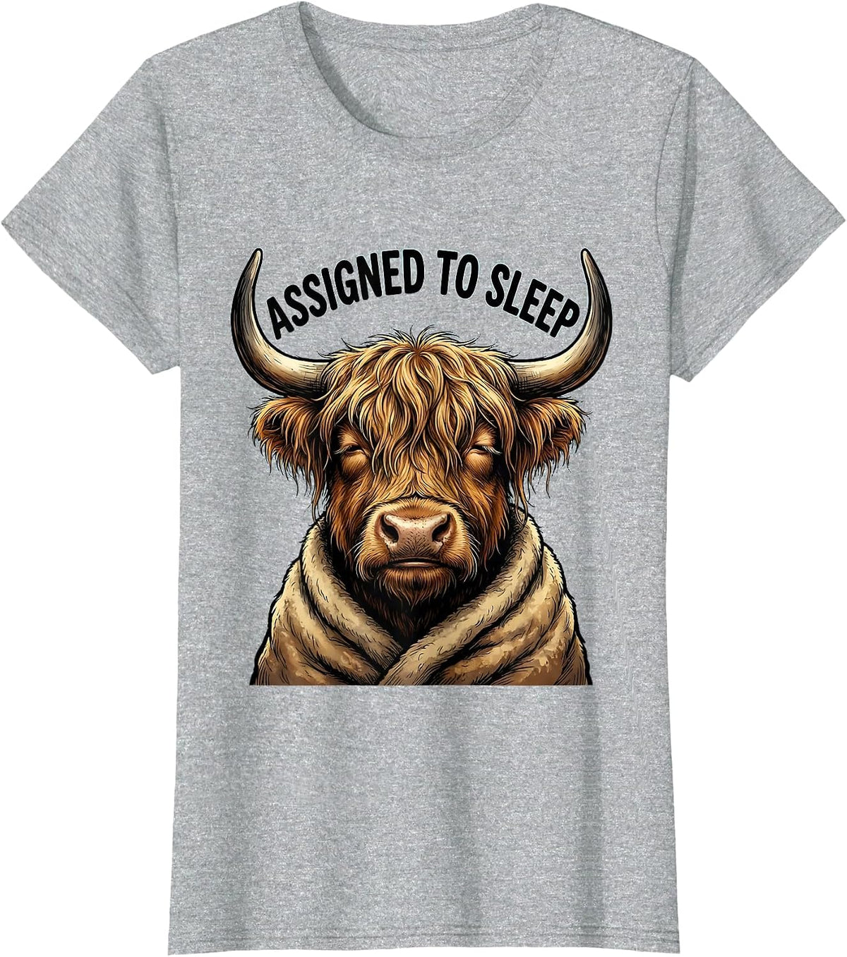Women's Assigned To Sleep Funny Highland Cow Attitude Cartoon T-Shirt - Heather Grey