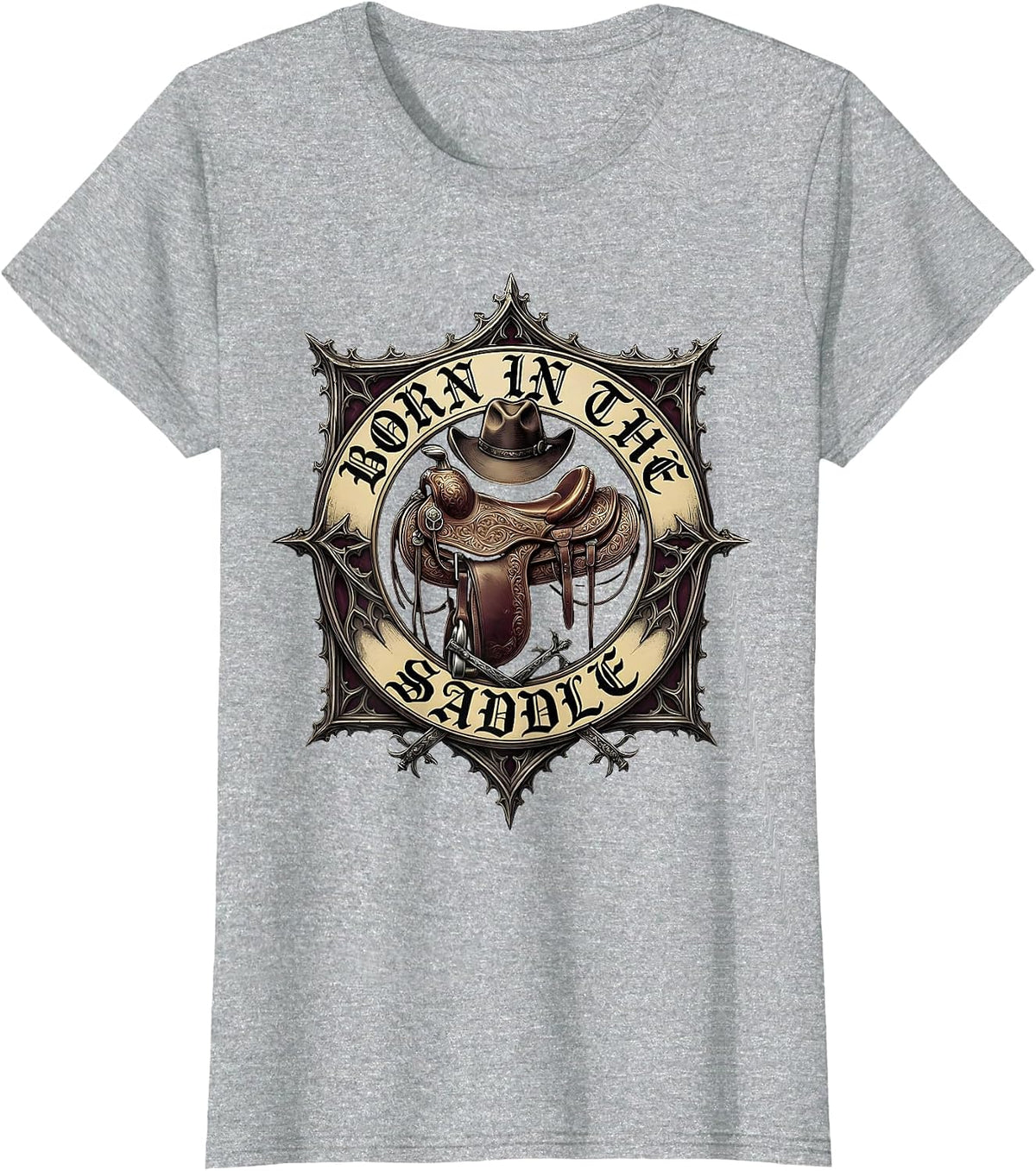 Born in the Saddle Cowgirl Graphic Design T-Shirt - Heather Grey