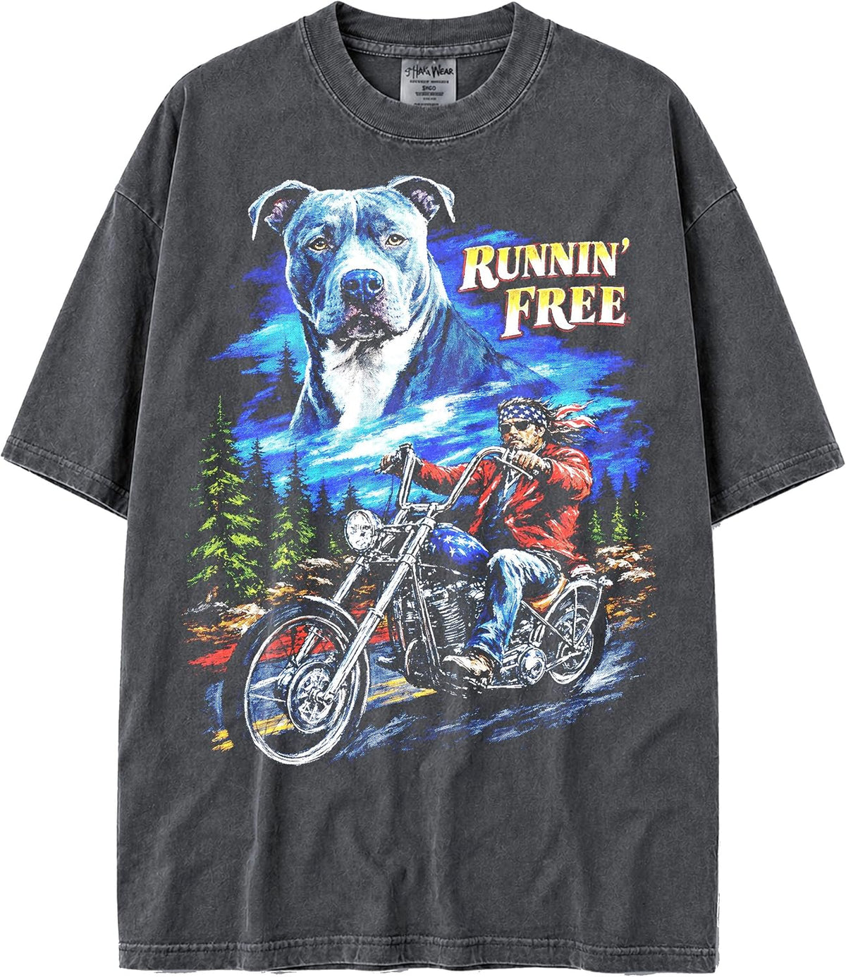 U.S.A. MAX-Heavyweight Shaka Wear Oversized Biker & Dog Spirit 7.5oz Cotton Tshirt for Men & Women - Blue Nose Pit Bull