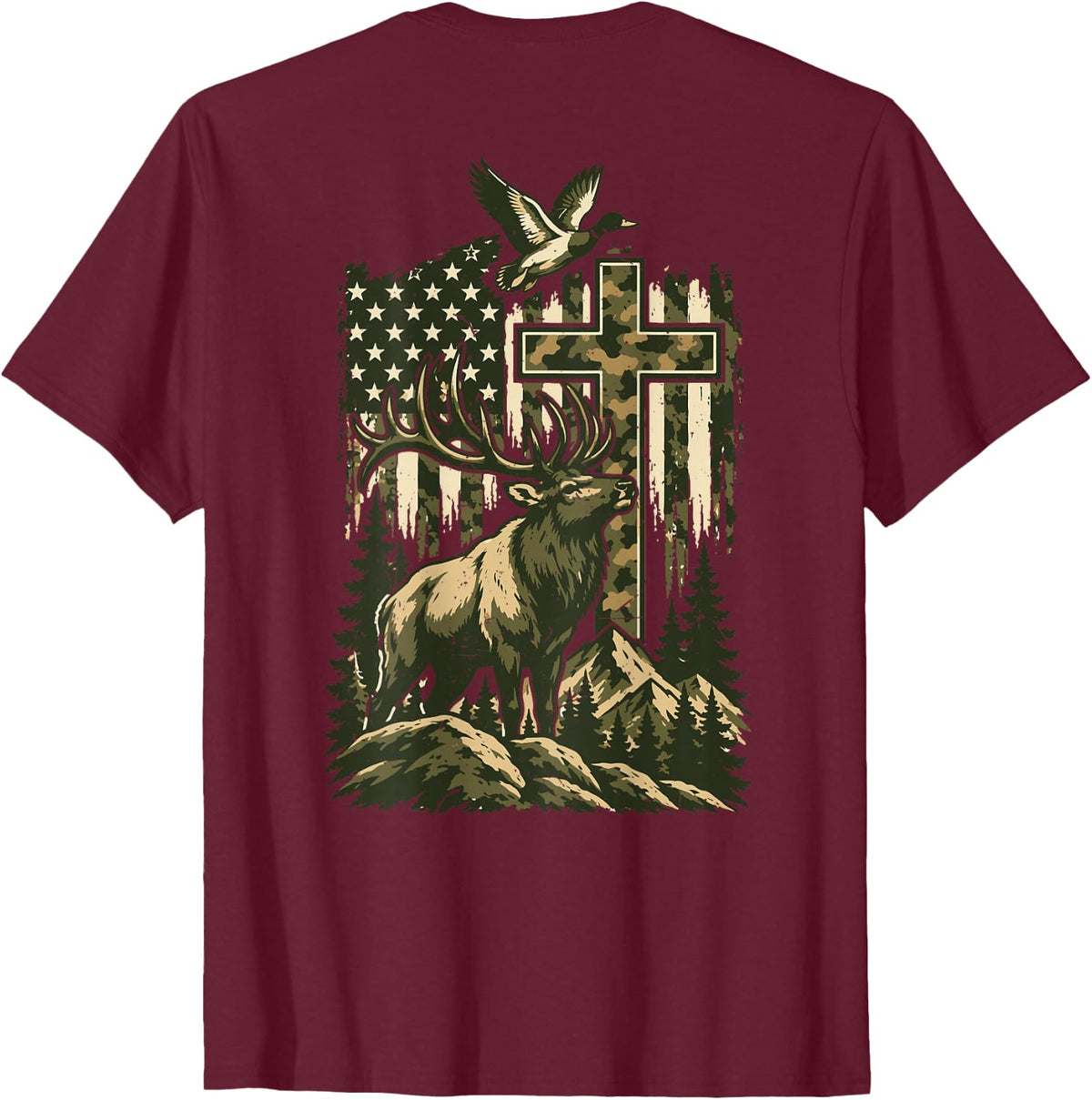 Boy Camo Deer Hunting American Flag Cross Mallard Duck Youth T-Shirt - Burgundy