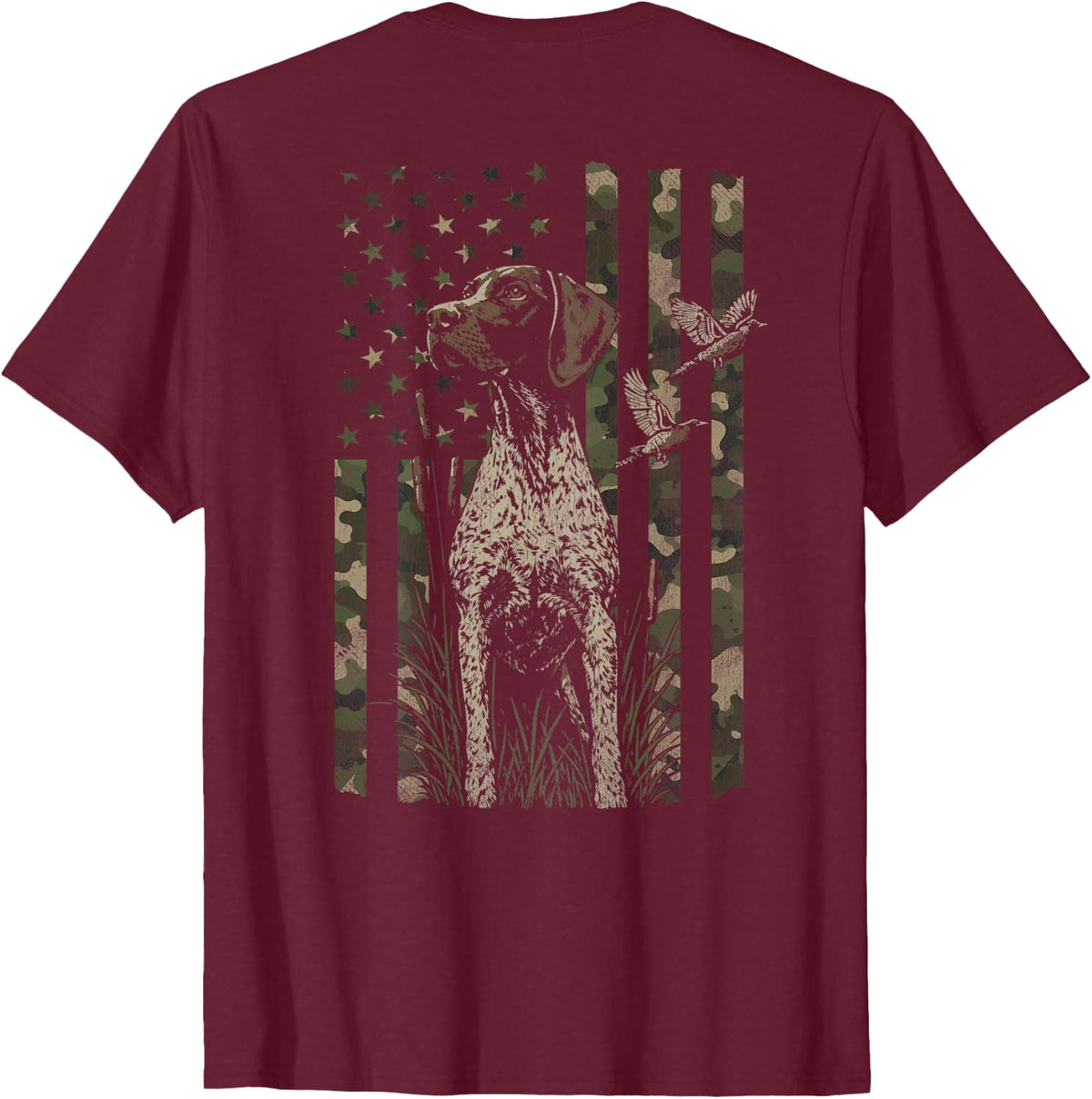 Pheasant Hunting Dog Distressed (Design on Back) T-Shirt - Burgundy