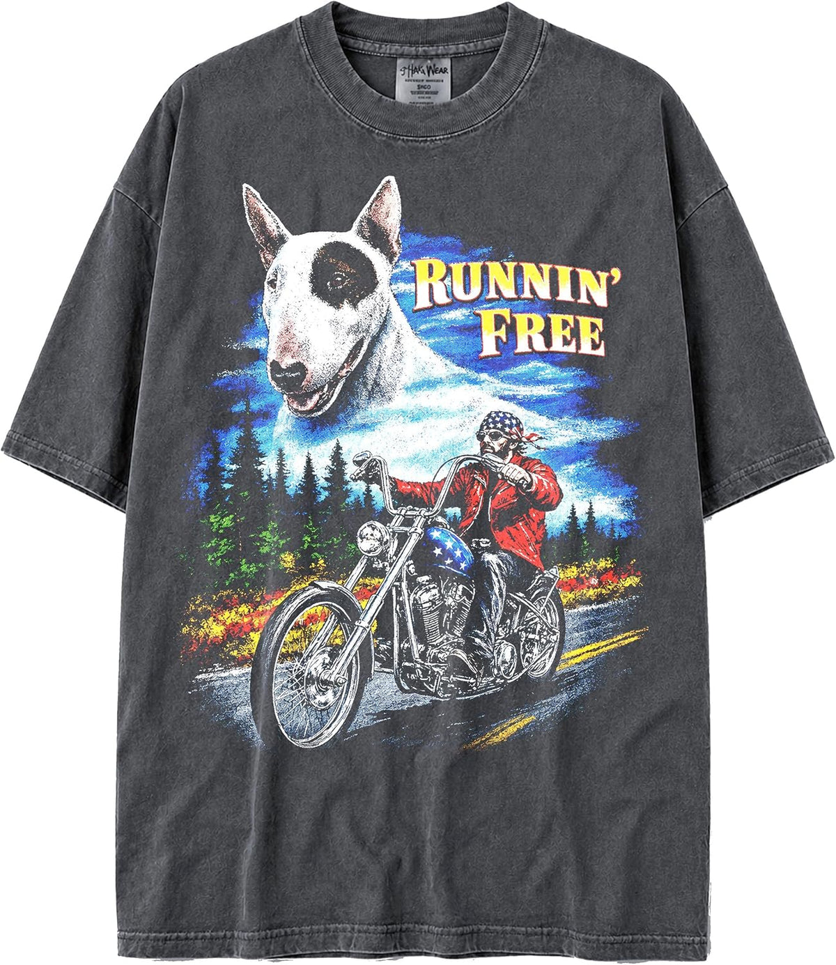 U.S.A. MAX-Heavyweight Shaka Wear Oversized Biker & Dog Spirit 7.5oz Cotton Tshirt for Men & Women - Bull Terrier