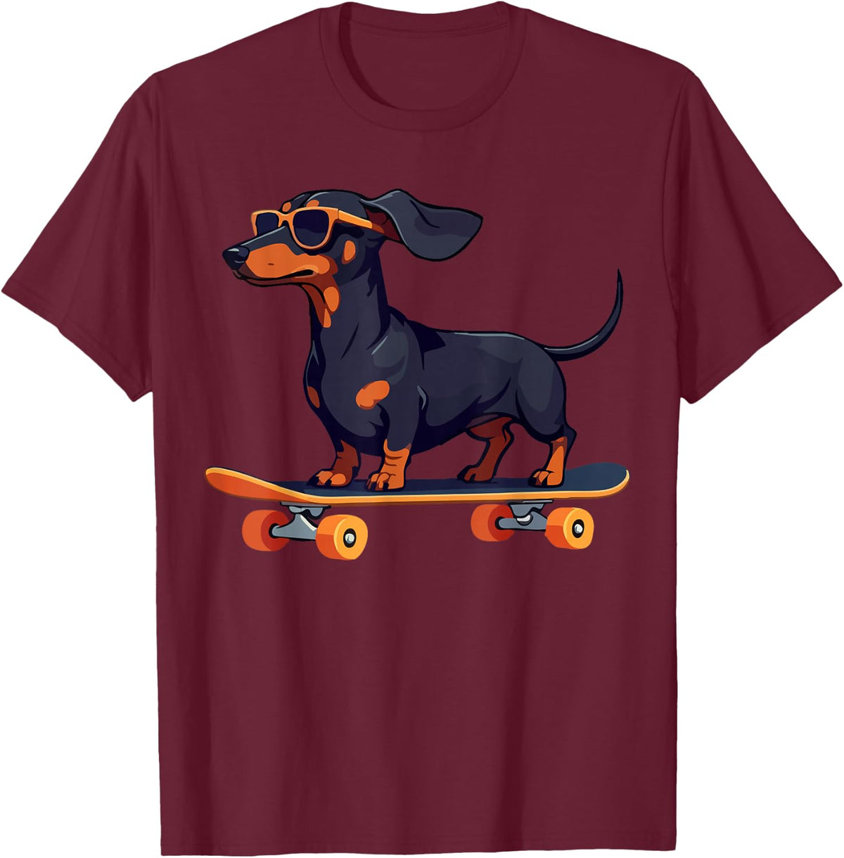 Dachshund Wiener Dog with Sunglasses on a Skateboard Funny T-Shirt - Burgundy