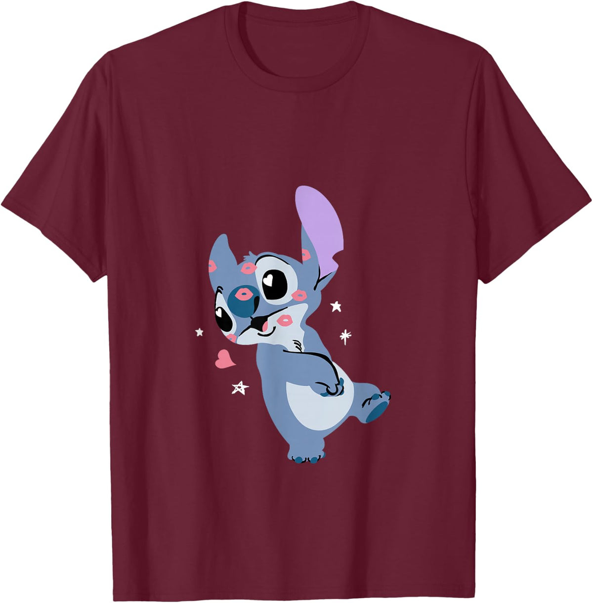 Disney Lilo & Stitch Covered in Valentine's Day Kisses T-Shirt - Burgundy