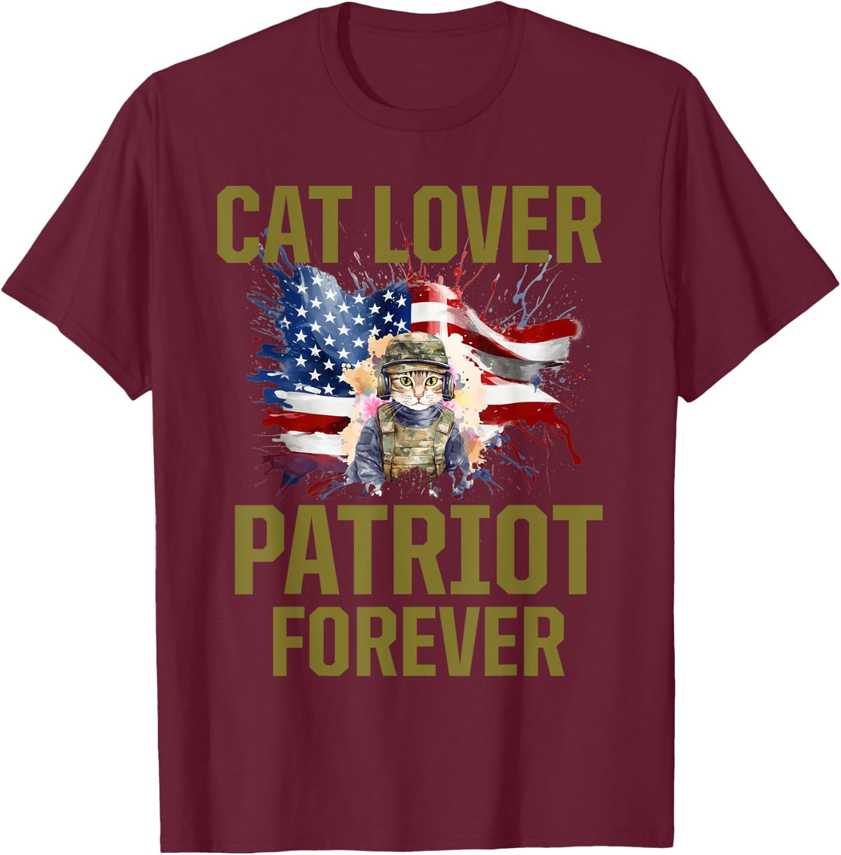 Cat Lady Veteran United States US Female Army Military Flag T-Shirt - Burgundy