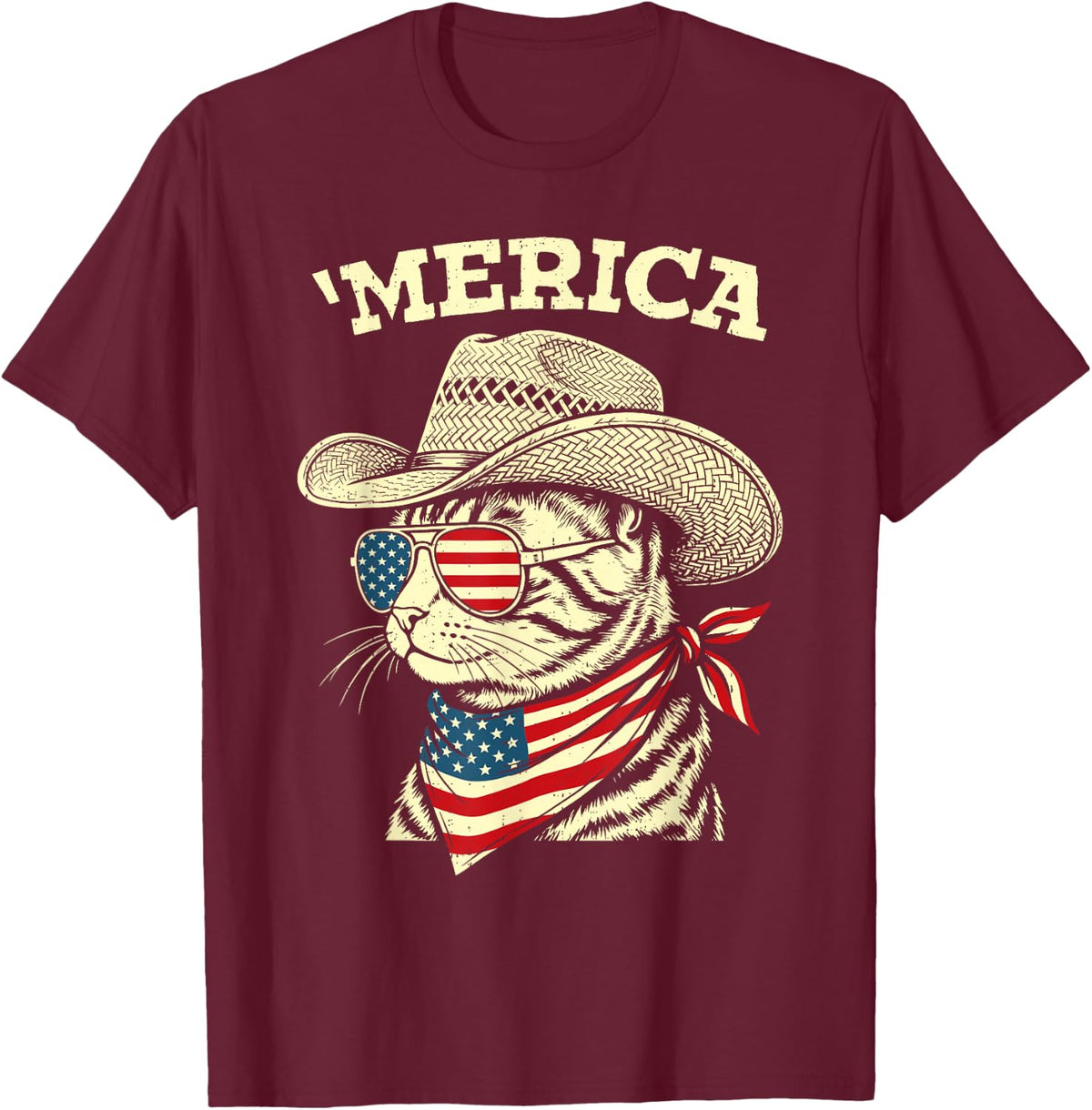 Funny USA Merica Cat 4th of July Patriotic America Men Women T-Shirt - Burgundy