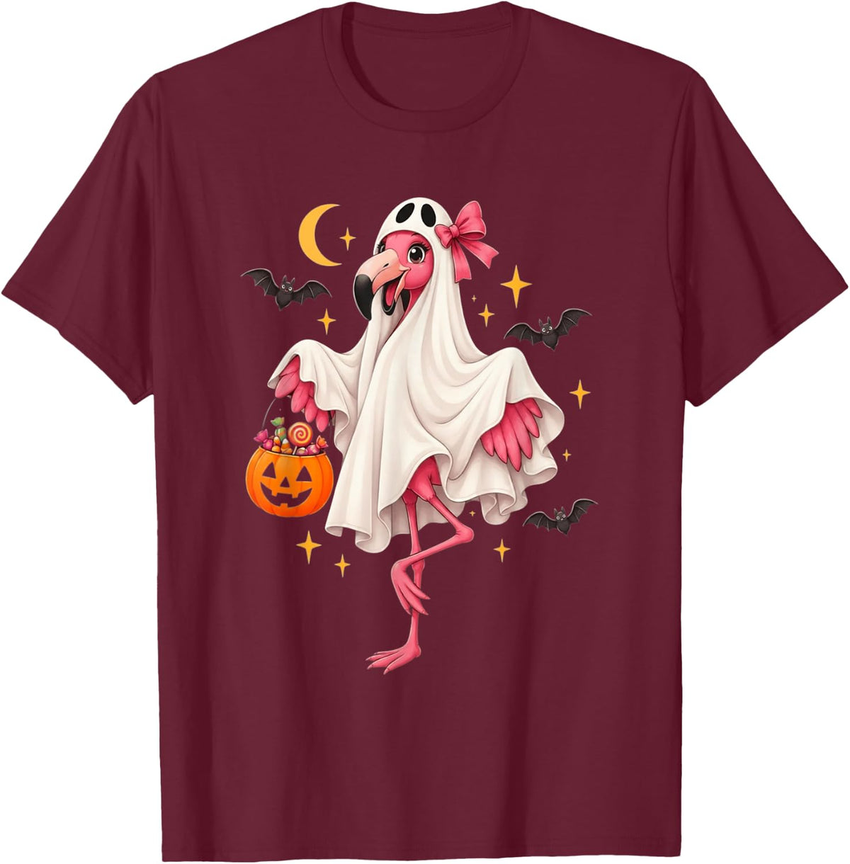 Pink Flamingo Ghost Cute Halloween Costume Trick or Treat T-Shirt - Burgundy
