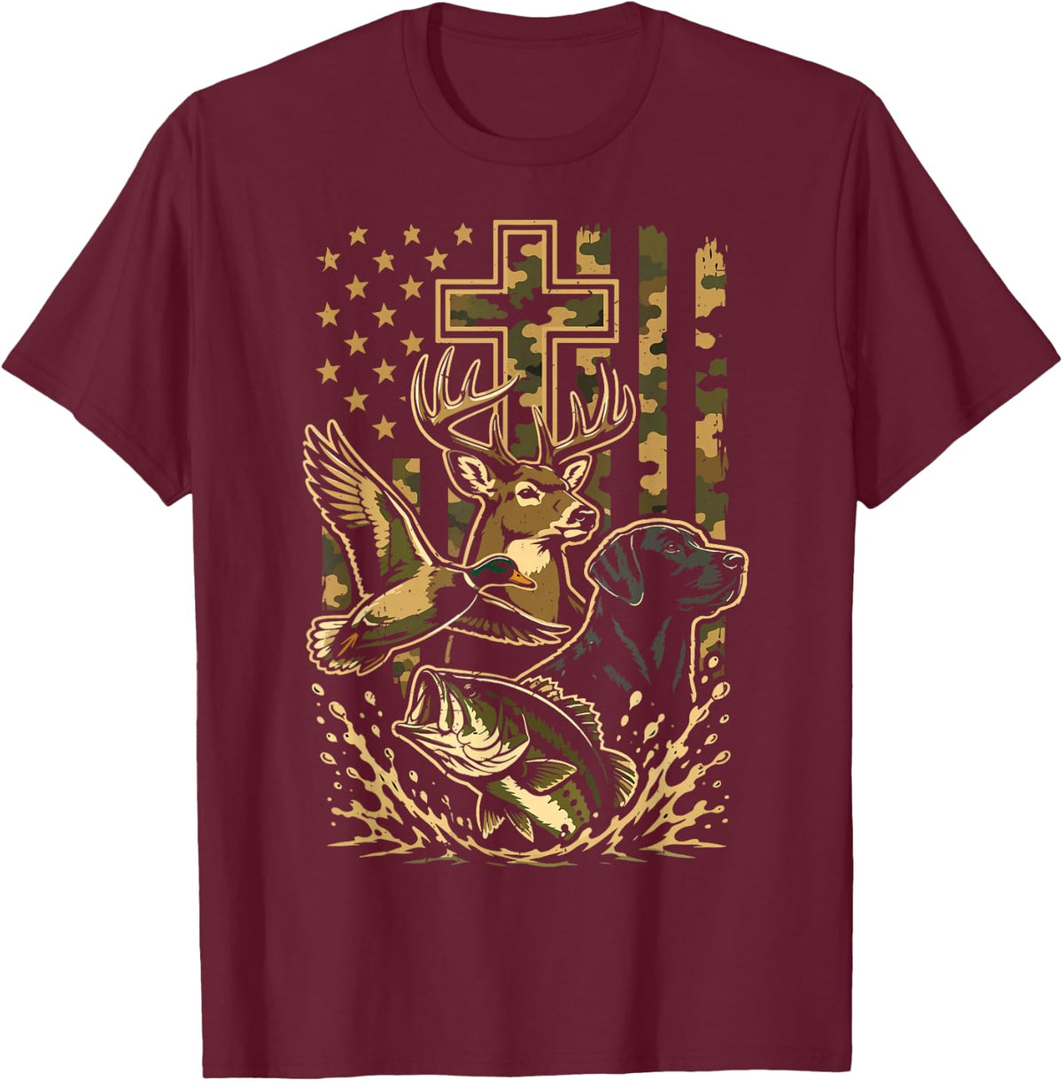 Christian Bass Fishing Camo American Flag Deer Hunting Youth T-Shirt - Burgundy