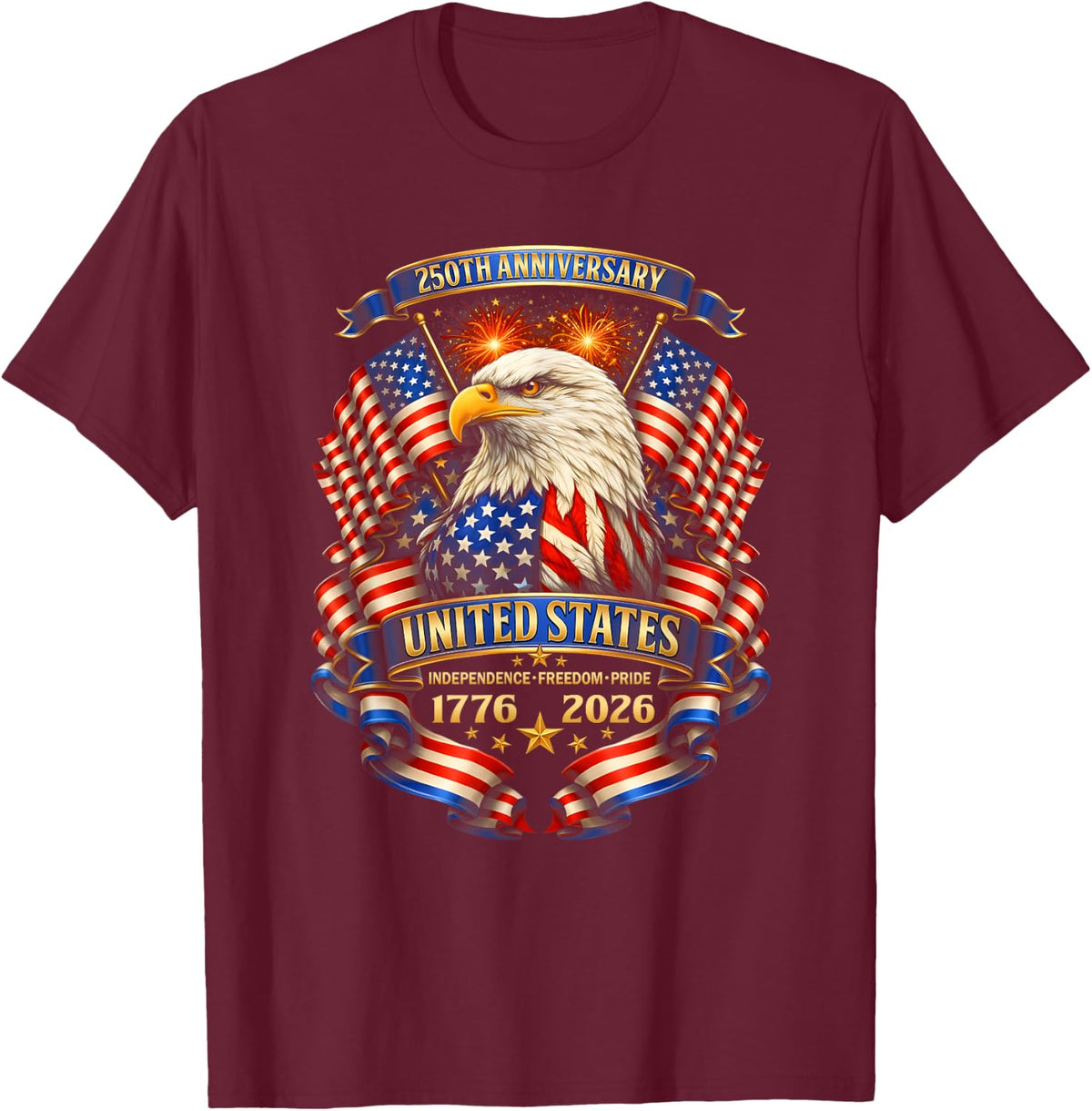 USA Independence 250th Anniversary 1776 2026 Patriotic Eagle T-Shirt - Burgundy