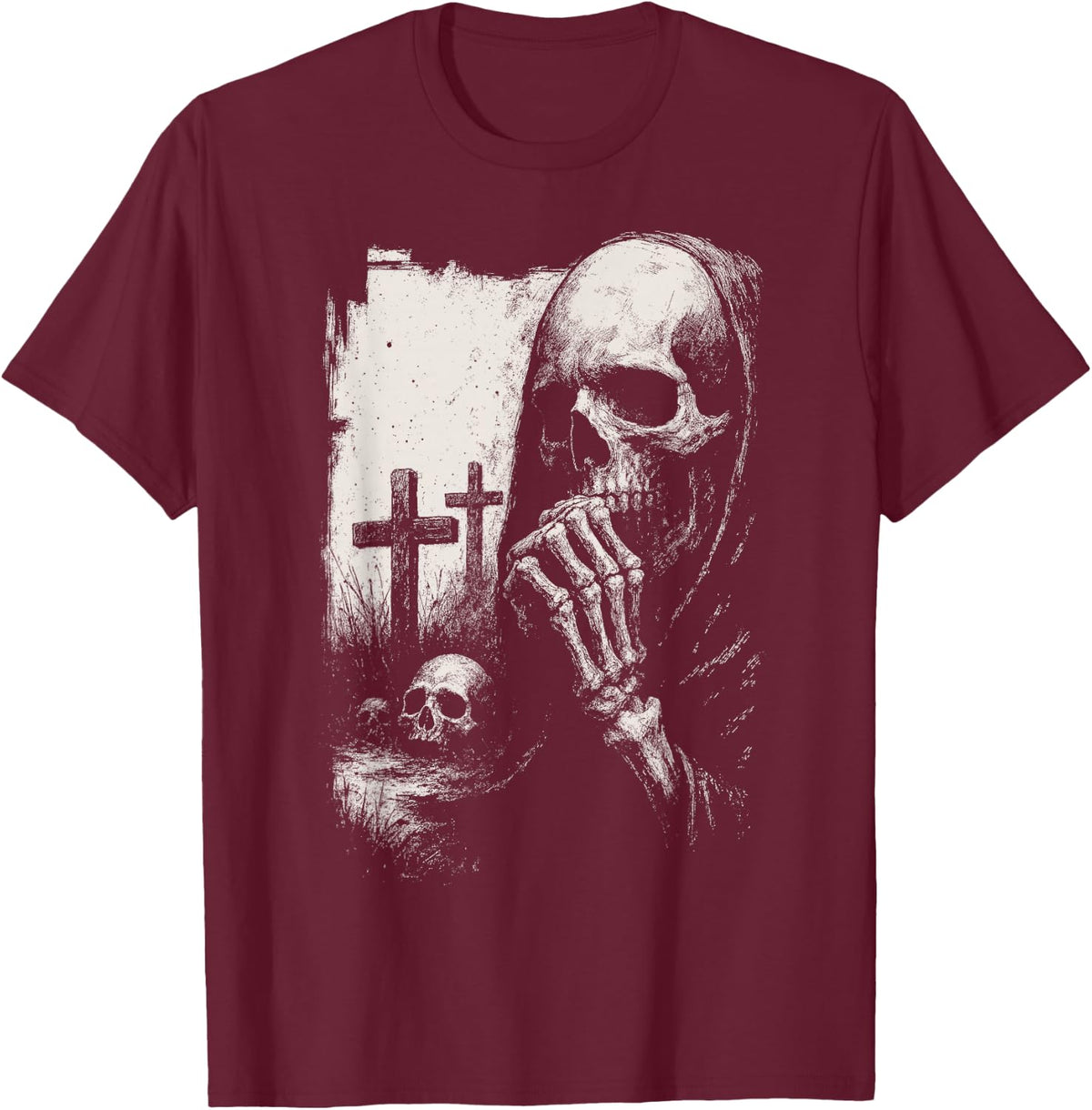 Grim Reaper Skull Deathcore Goth Alt Horror Gothic Aesthetic T-Shirt - Burgundy