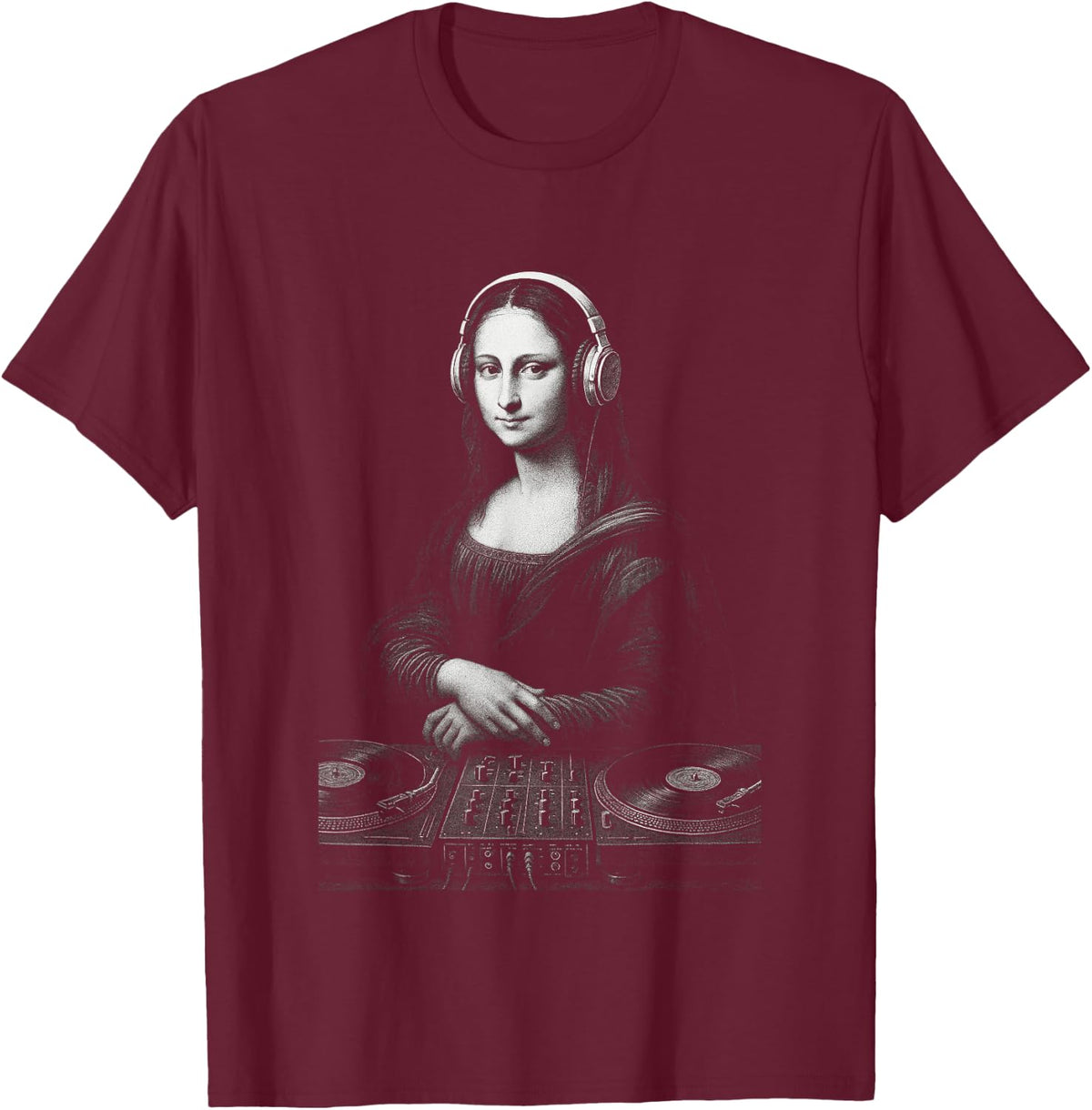 Mona Lisa DJ Headphones Turntables Music Mixer Art Parody T-Shirt - Burgundy