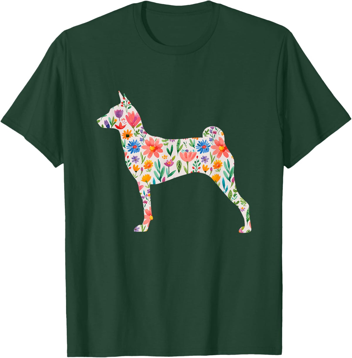 Miller Sye Basenji Dog Watercolor Flowers T-Shirt - Black, Small, Unisex-Adults, Short Sleeve, Classic Fit - Dark Green