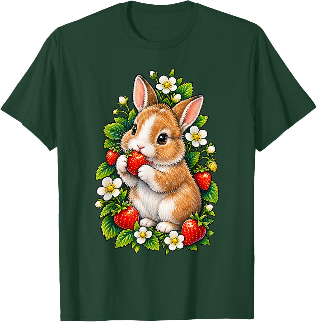 Rabbit with Strawberry and Blossoms T-Shirt - Dark Green