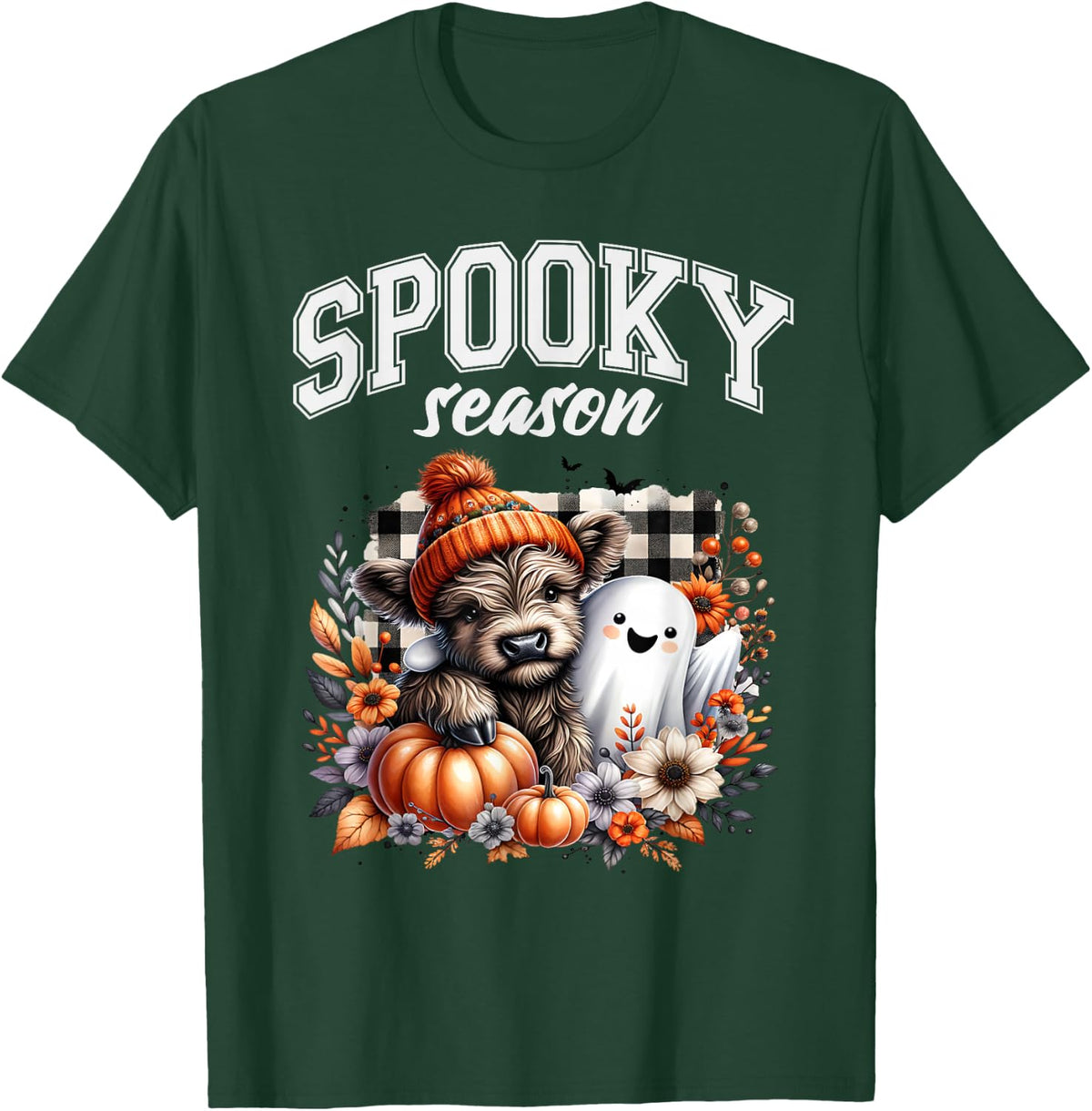 Spooky Season Ghost & Highland Cow Fall Autumn Halloween T-Shirt - Dark Green