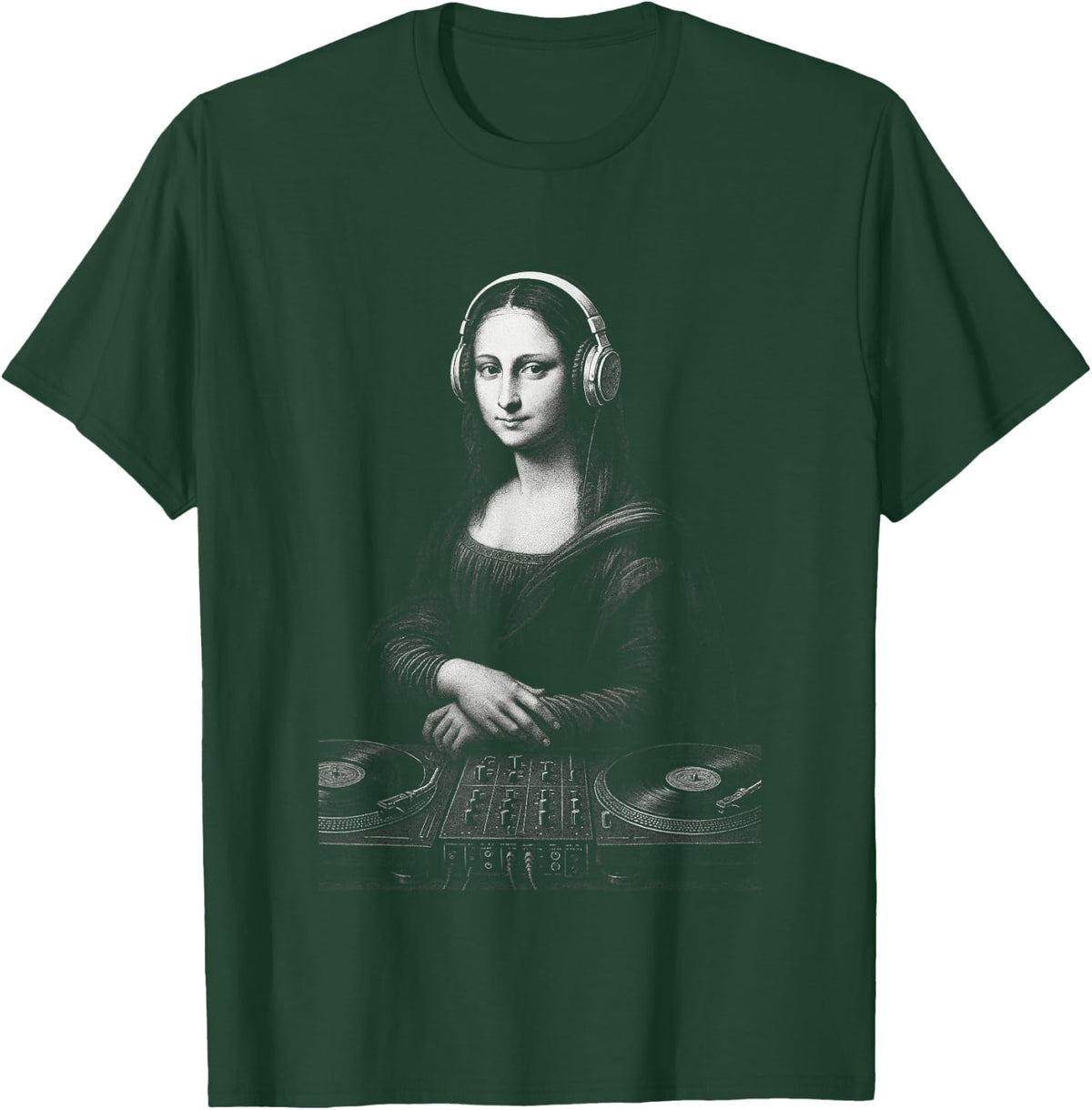 Mona Lisa DJ Headphones Turntables Music Mixer Art Parody T-Shirt - Dark Green