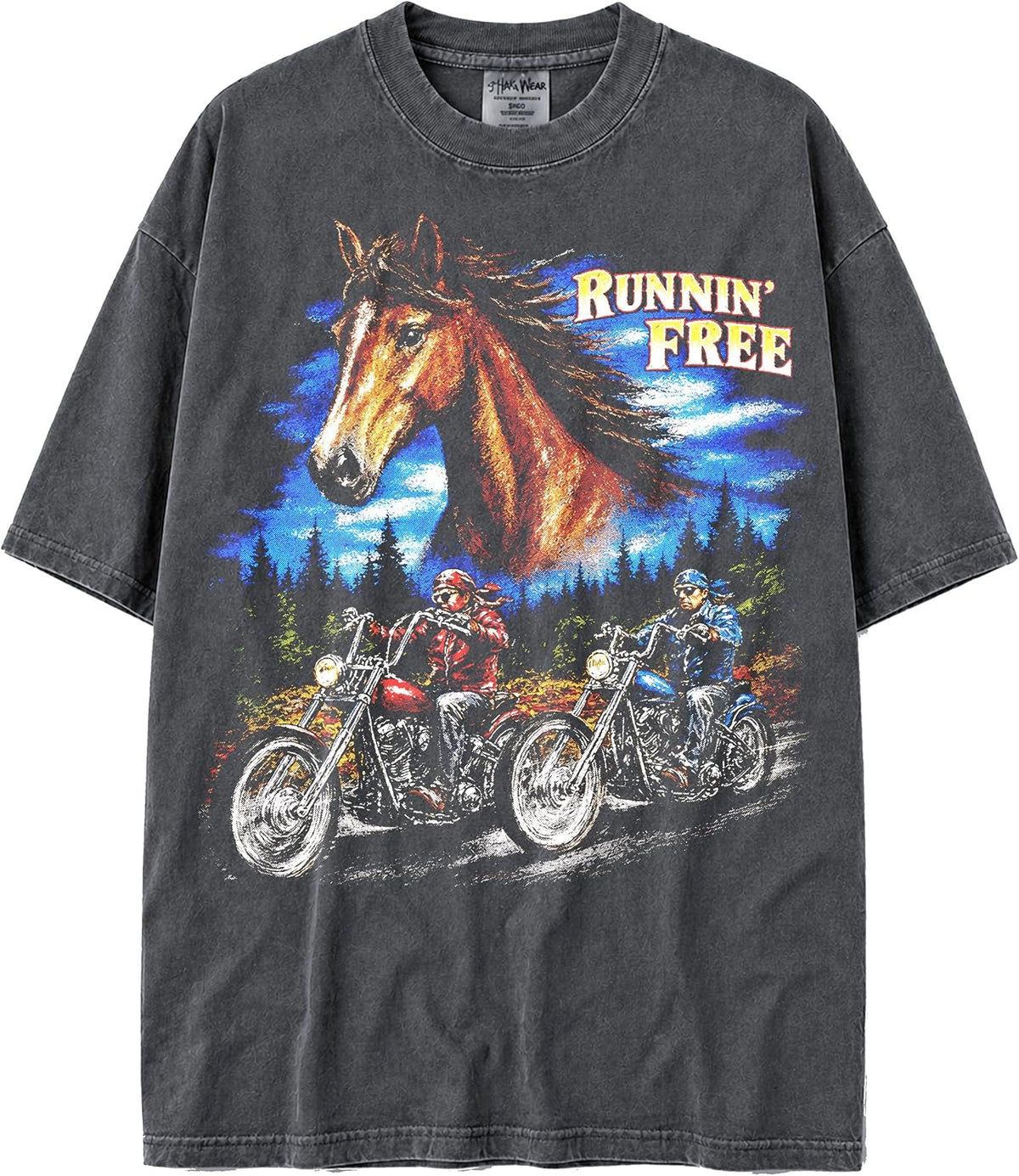 U.S.A. MAX-Heavyweight Shaka Wear Oversized Biker & Dog Spirit 7.5oz Cotton Tshirt for Men & Women - Brown Horse