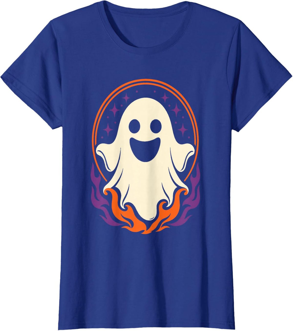 Halloween Ghost Flames Oval Badge Line Art Spooky Season T-Shirt - Royal Blue