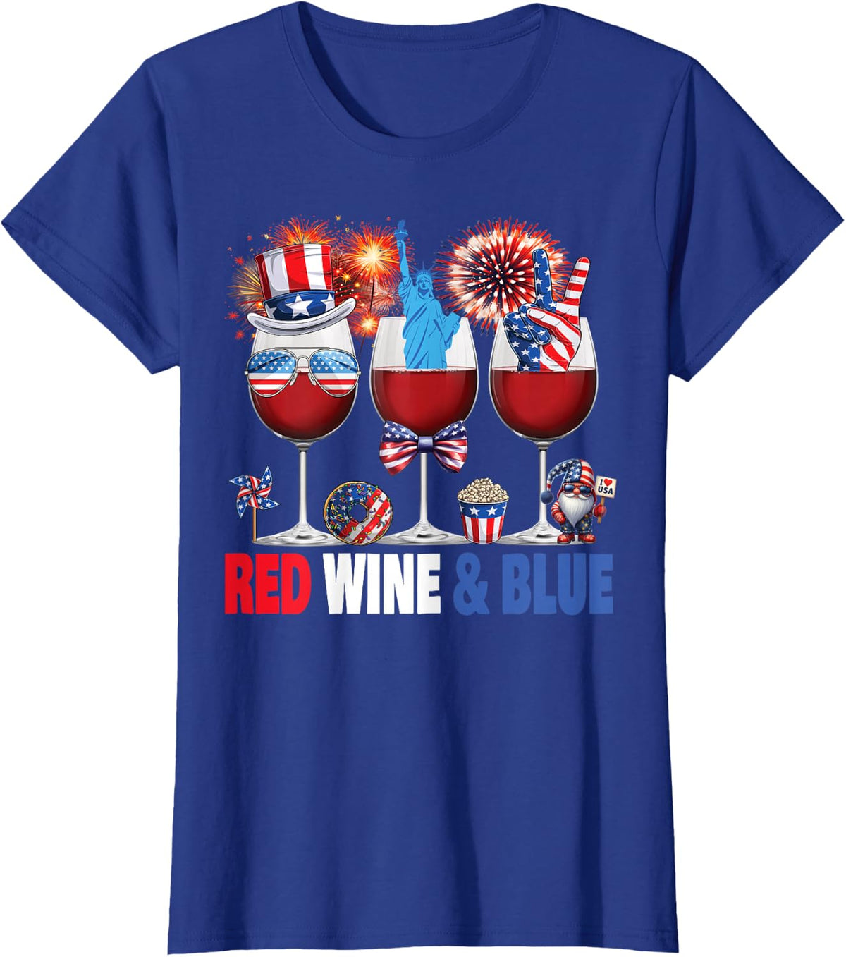 Red Wine Blue Wine Glasses Patriotic USA Flag 4th of July T-Shirt - Royal Blue