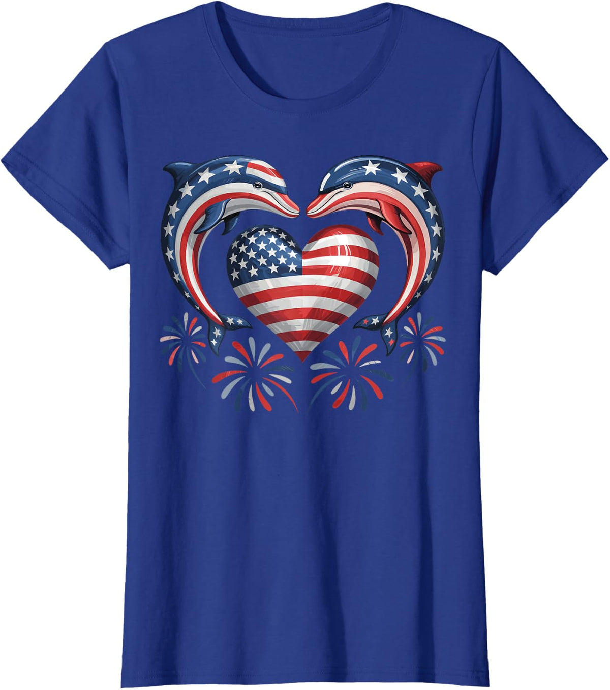 Patriotic Dolphin Heart Fireworks USA Flag 4th of July T-Shirt - Royal Blue