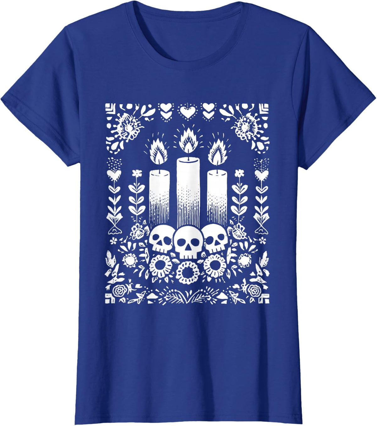 Día de Los Muertos Ofrenda Candles with Skulls and Flowers T-Shirt - Royal Blue