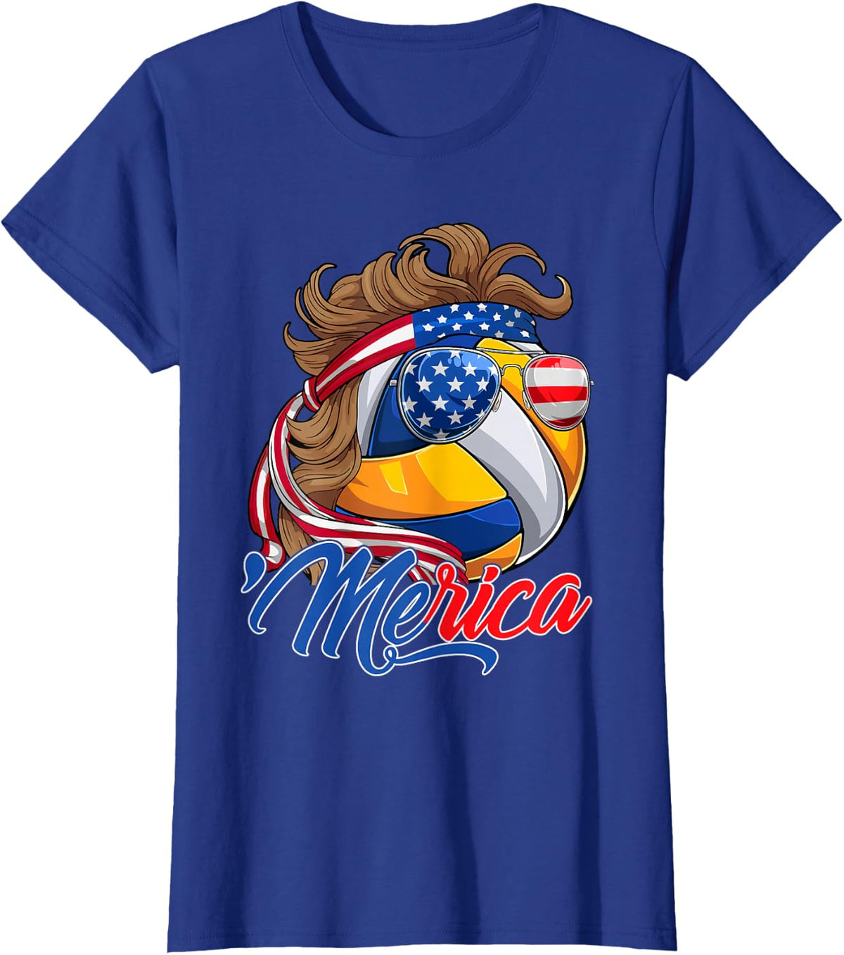 Funny Merica Volleyball Ball USA Flag Sunglasses 4th Of July T-Shirt - Royal Blue