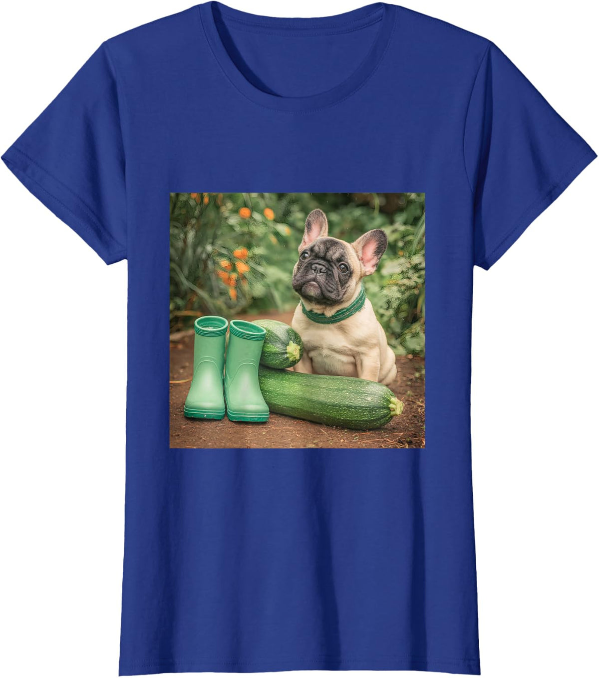 French Bulldog Garden Zucchini Green Boots T-Shirt - Royal Blue