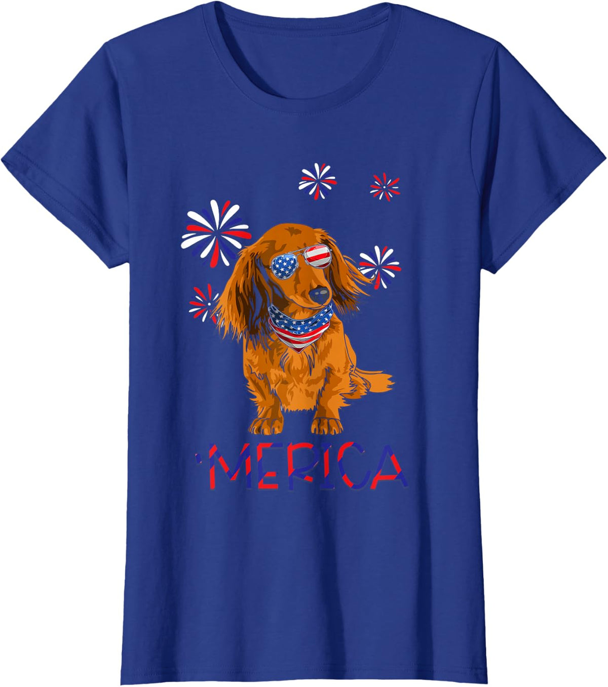 Red Long-Haired Dachshund 'Merica Dog Lover 4th Of July T-Shirt - Royal Blue